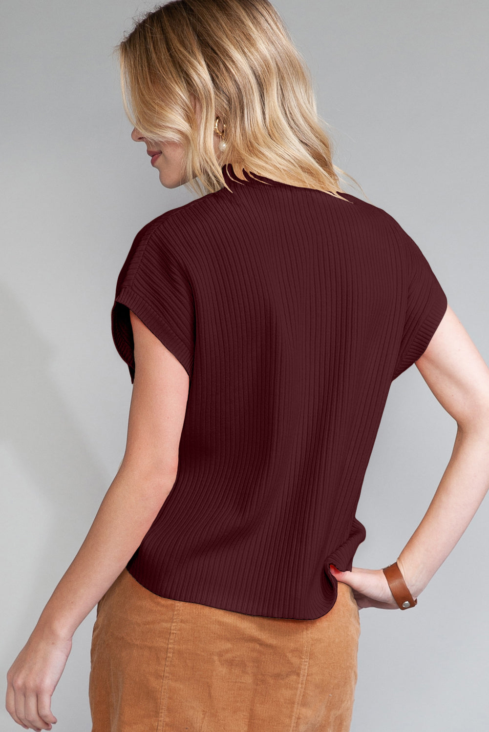 Patch Pocket Ribbed Short Sleeve Sweater