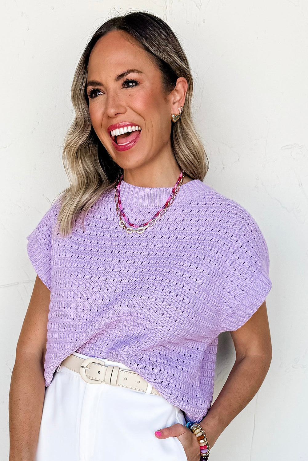 Lavender Solid Ribbed Trim Pointelle Knit Top