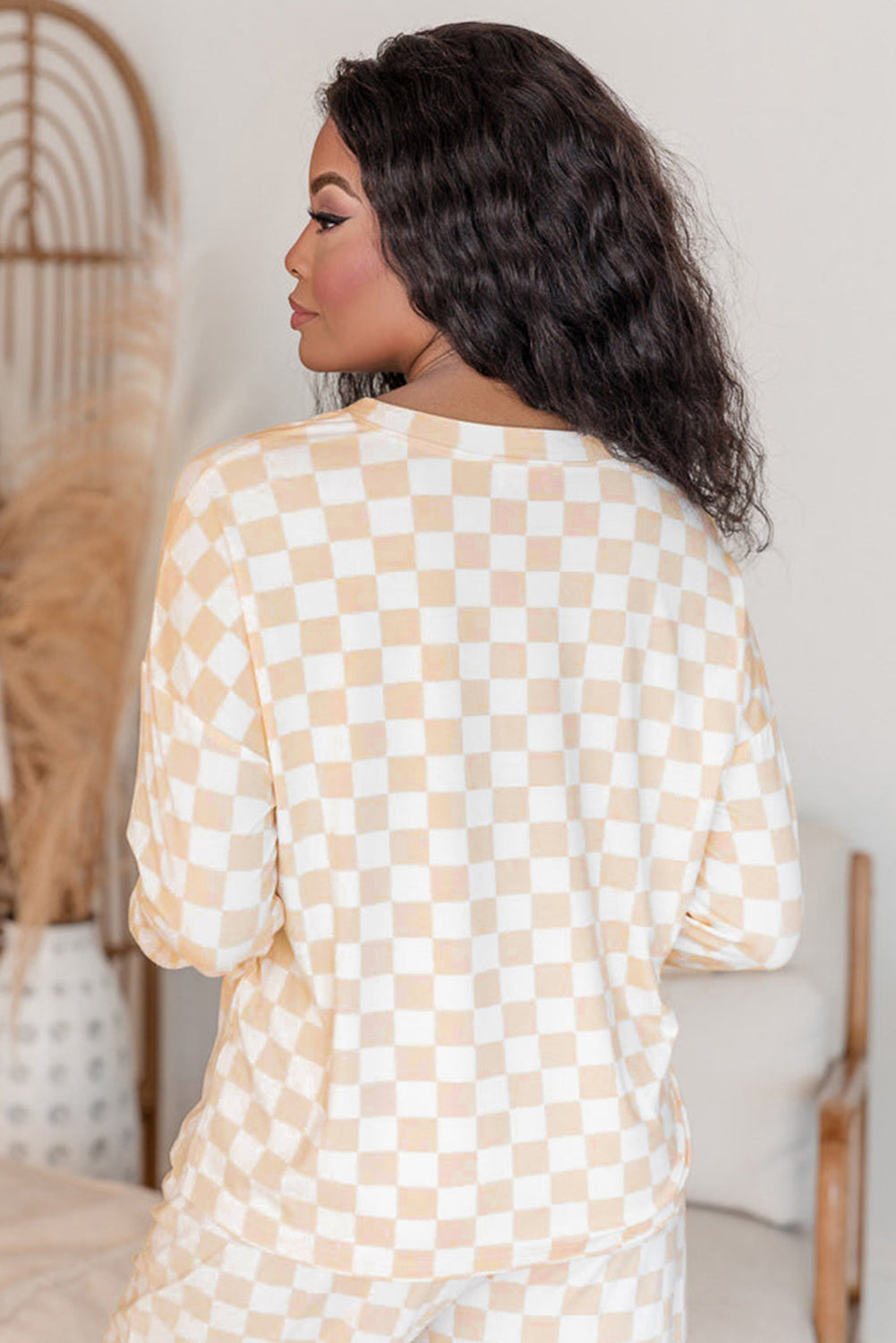 Checkered Print Long Sleeve Loose Fit Pajama Set