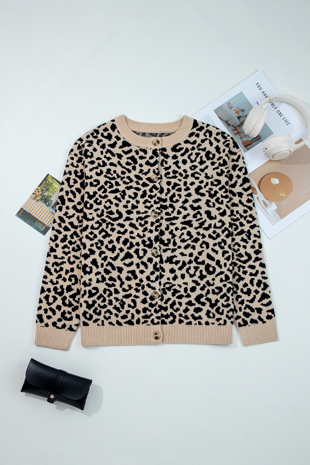 Leopard Drop Shoulder Knitted Button Front Cardigan