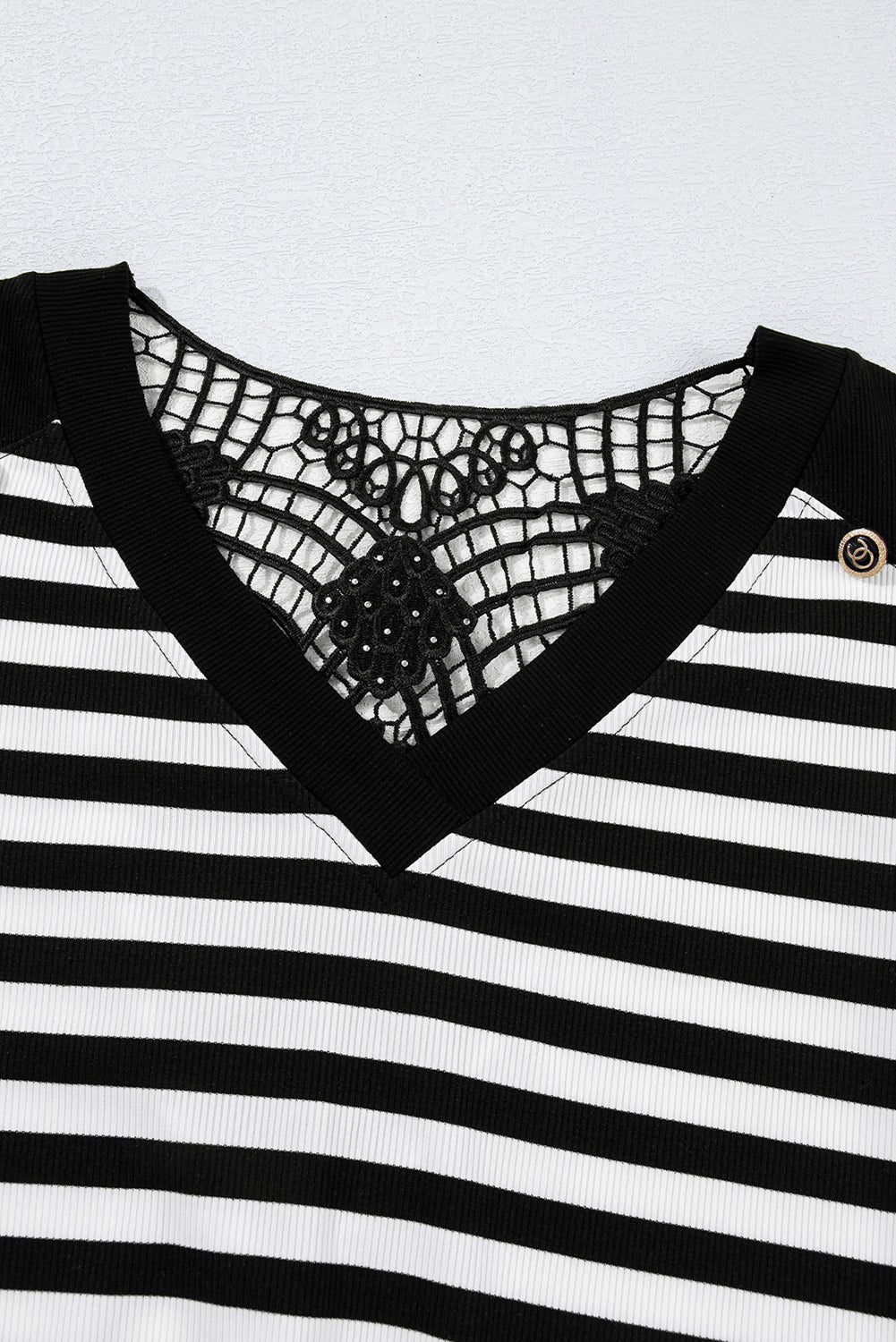 Black Stripe Crochet Hollow-out Shoulder Buttoned Decor V Neck Top