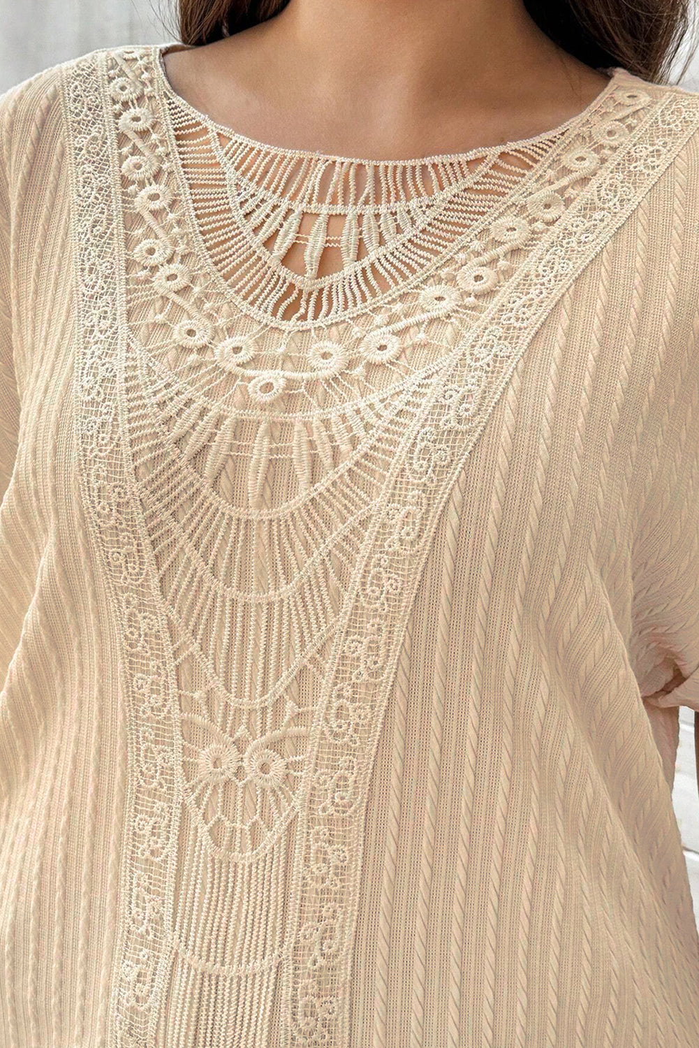 Beige Lace Crochet Short Sleeve Plus Size Top