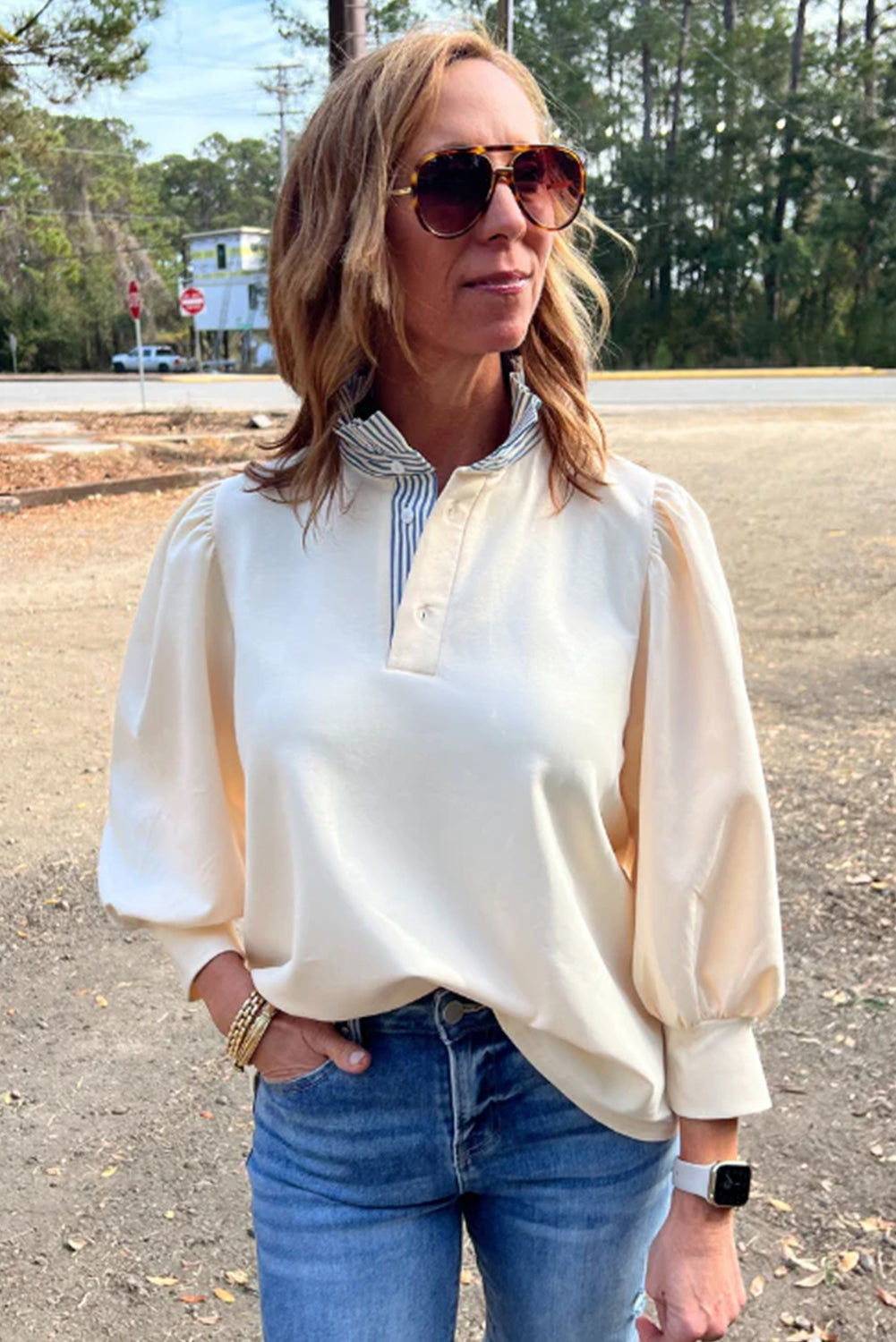 Striped Ruffle Button Neck Pullover Shirt (2 colors)
