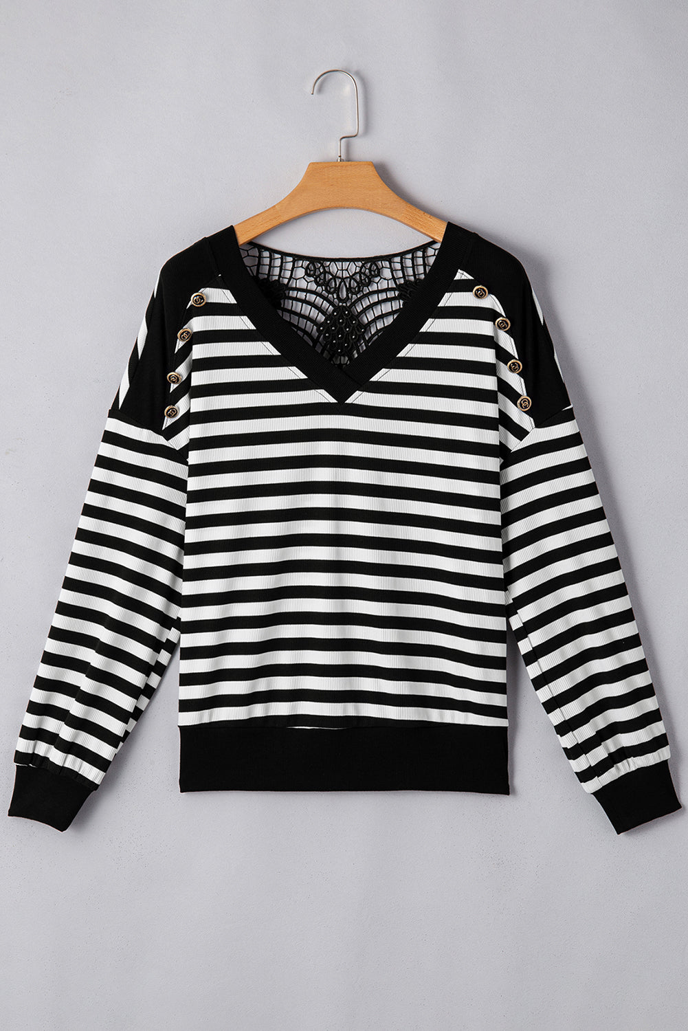 Black Stripe Crochet Hollow-out Shoulder Buttoned Decor V Neck Top