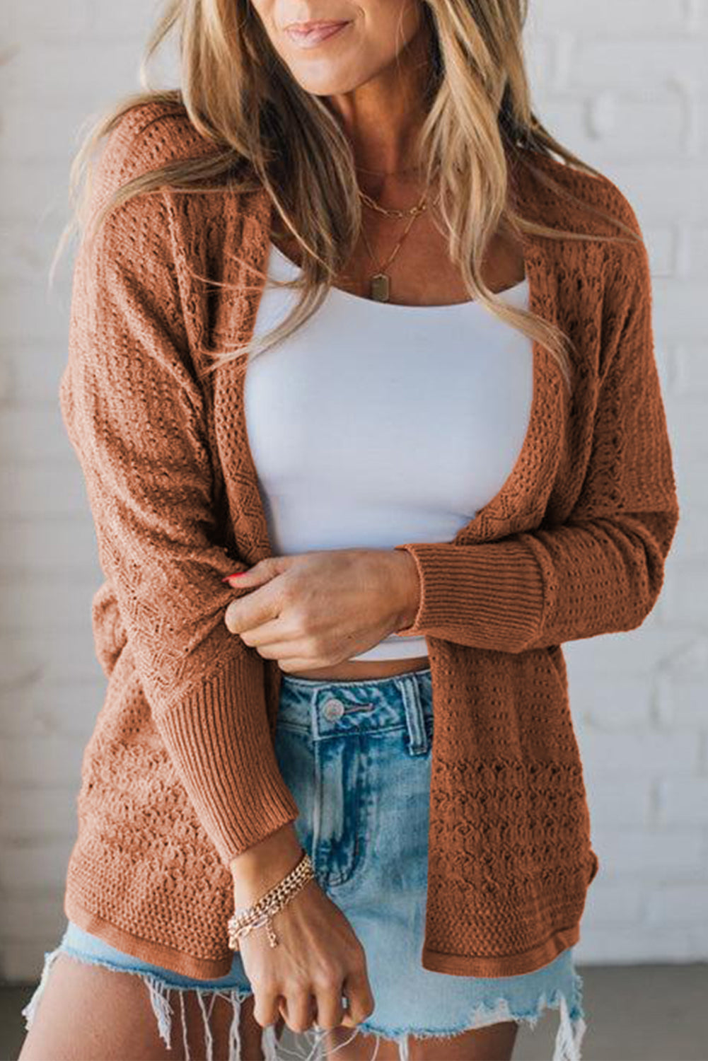 Mix Pattern Hollow Knit Open Front Cardigan