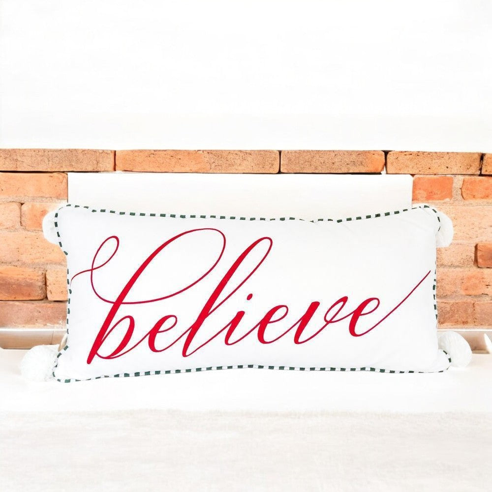 Believe Large Pillow White Tassel Ball