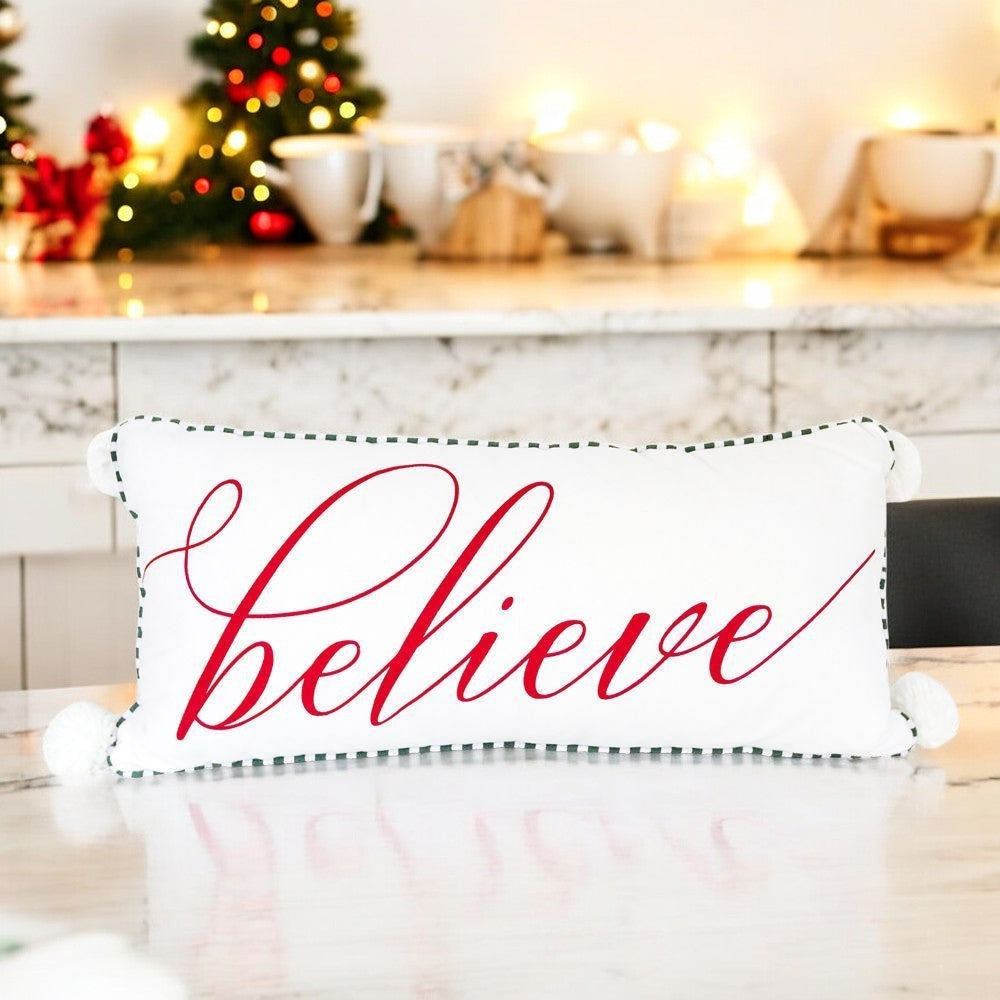 Believe Large Pillow White Tassel Ball