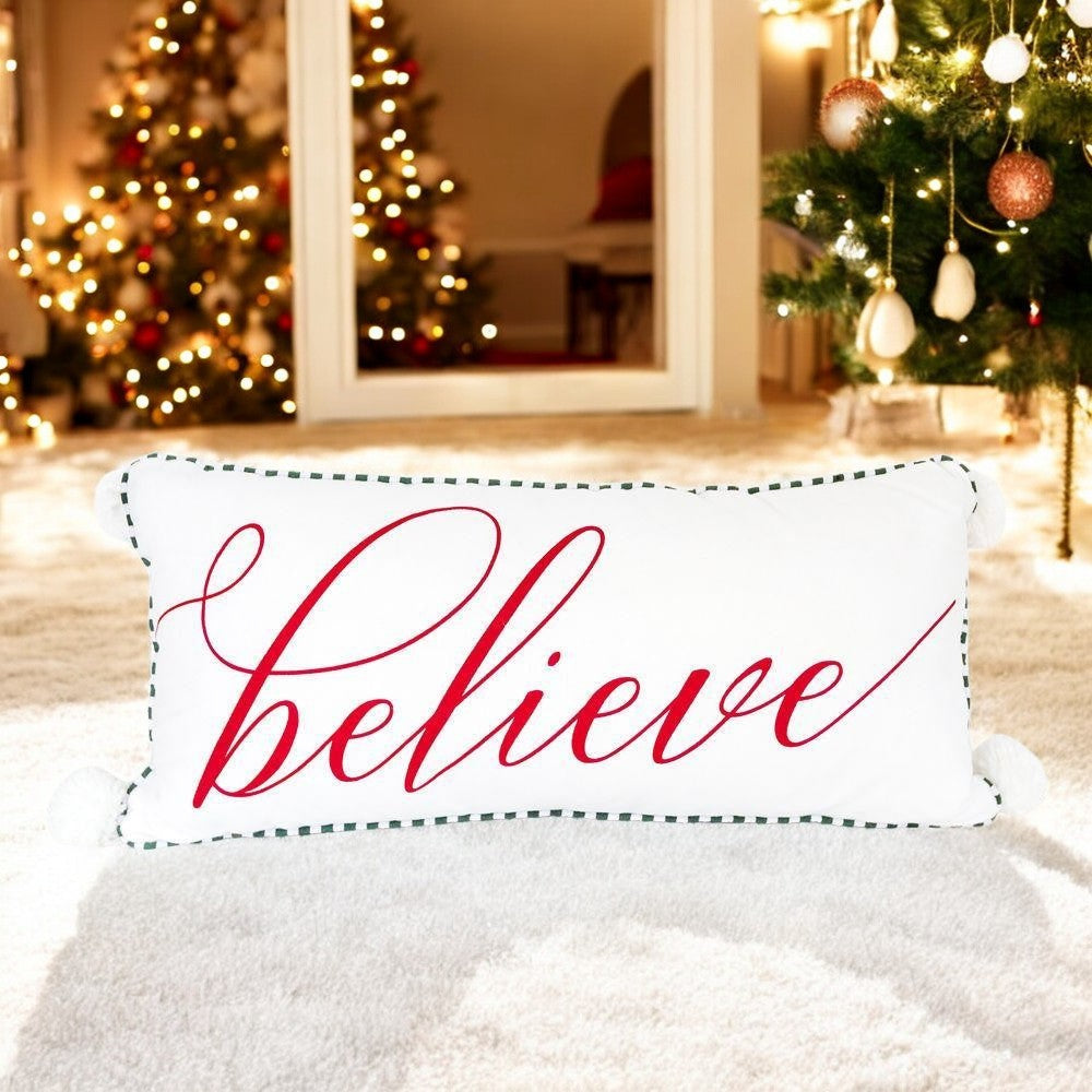 Believe Large Pillow White Tassel Ball