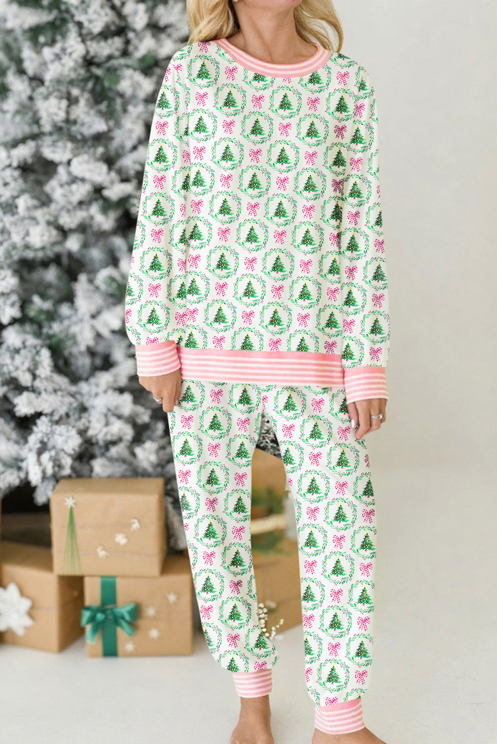 Green Bow Christmas Tree Print Contrast Striped Trim 2pcs Lounge Set