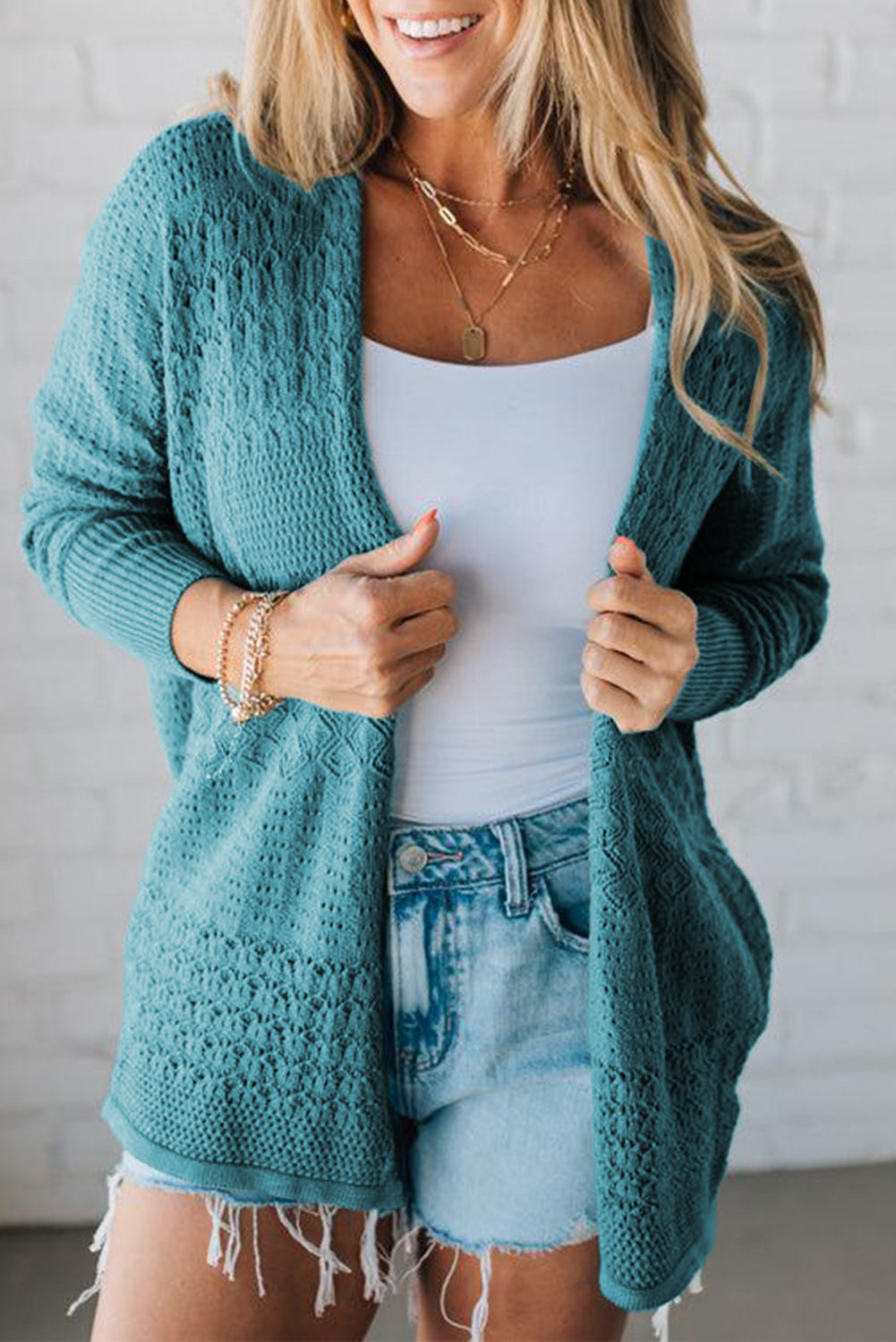 Mix Pattern Hollow Knit Open Front Cardigan