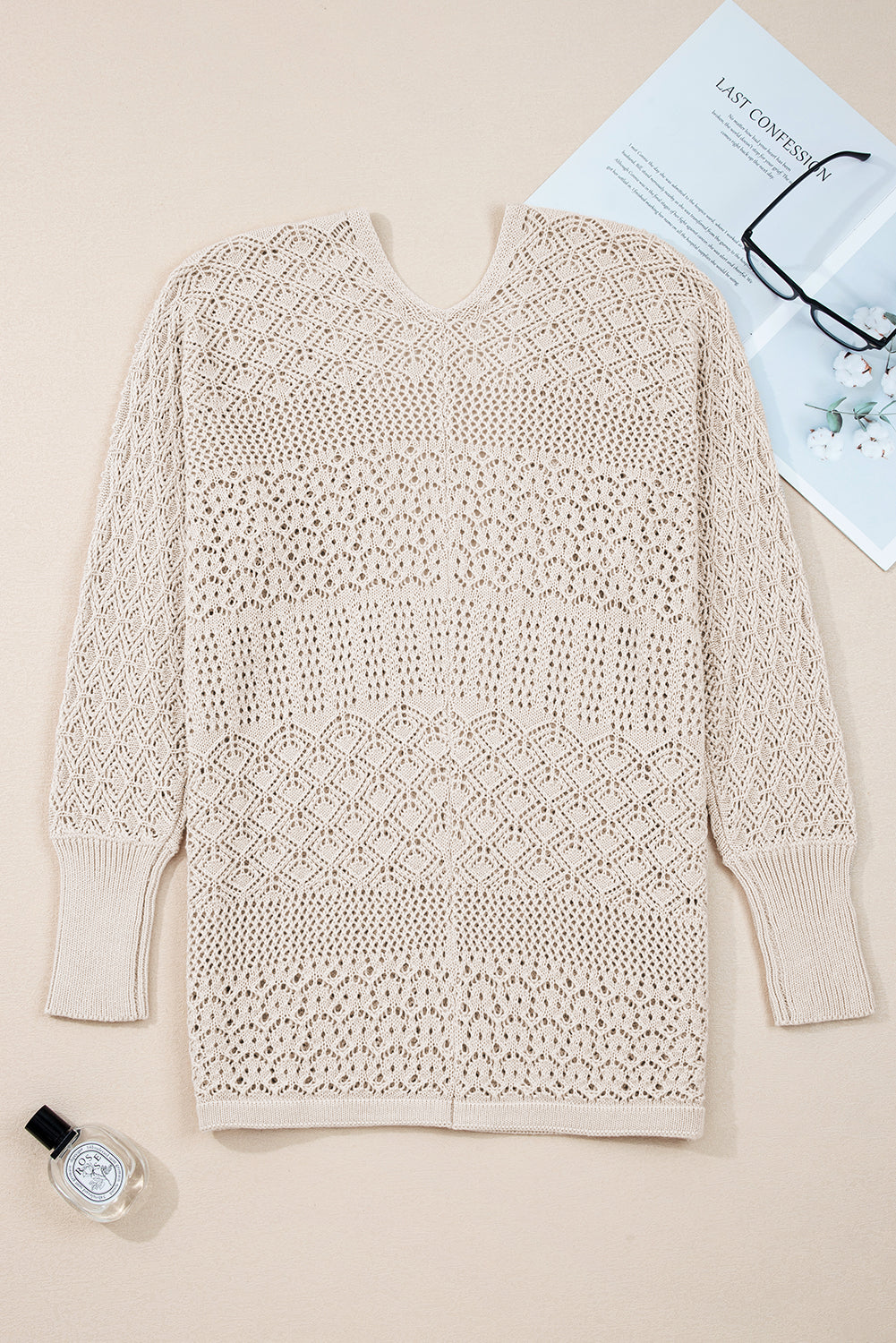 Mix Pattern Hollow Knit Open Front Cardigan