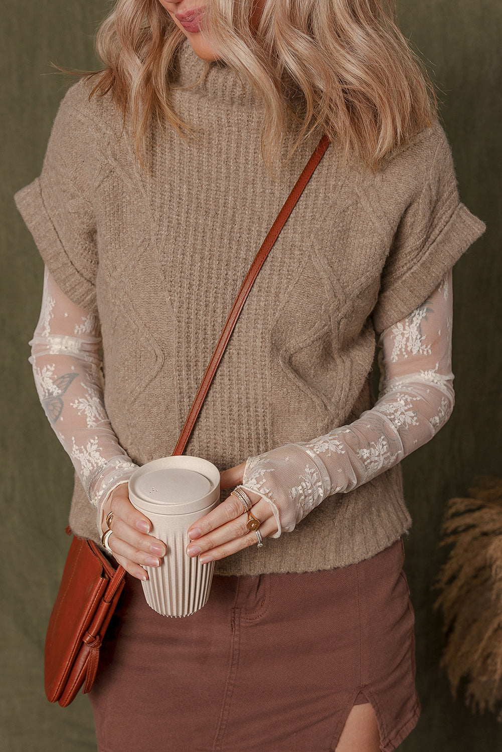 Smoke Gray Textured Knit Mock Neck Short Sleeve Sweater