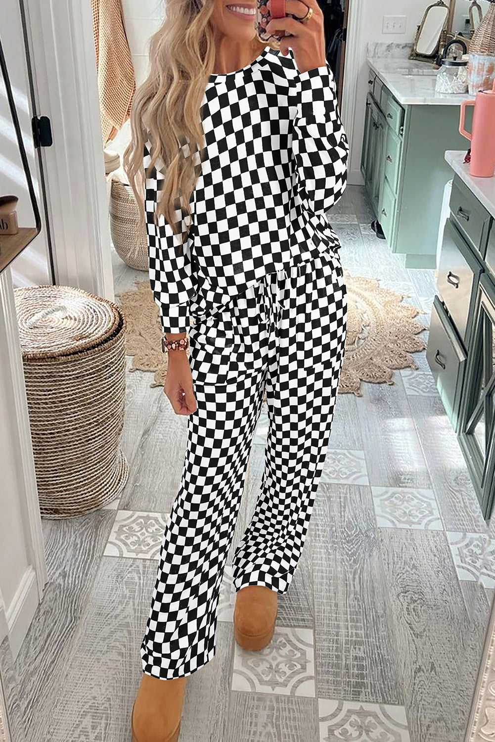 Checkered Print Long Sleeve Loose Fit Pajama Set
