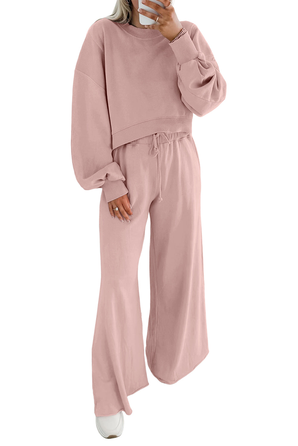 Drop Shoulder Crop Pullover and Drawstring Wide Leg Pants Set