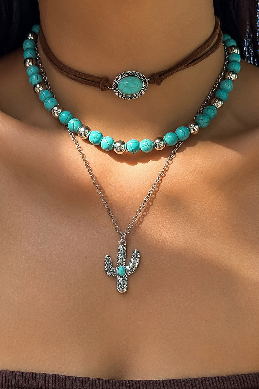 Turquoise Vintage Cactus Pendant Beaded Necklace Set