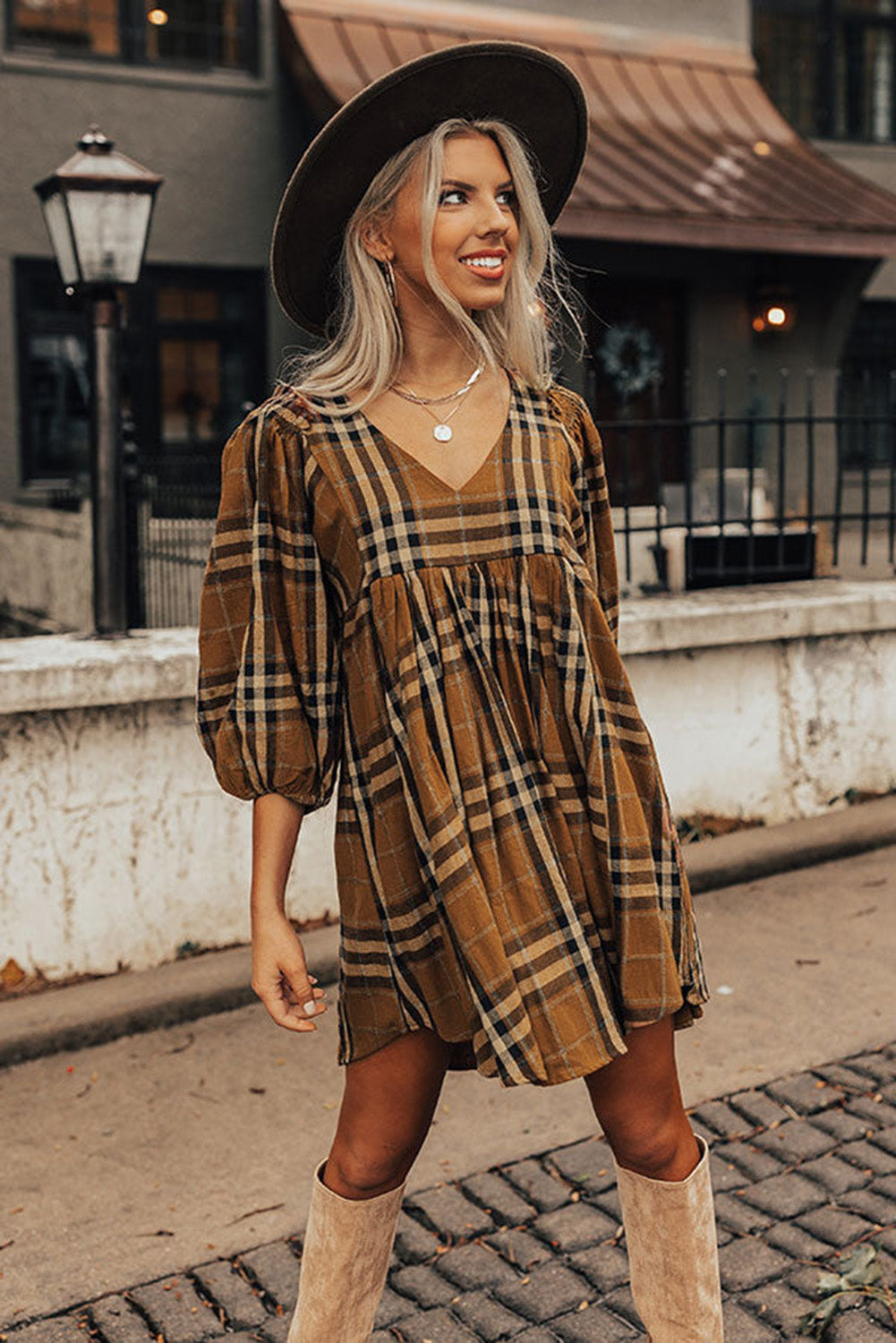 Brown Plaid Empire Waist Babydoll Dress