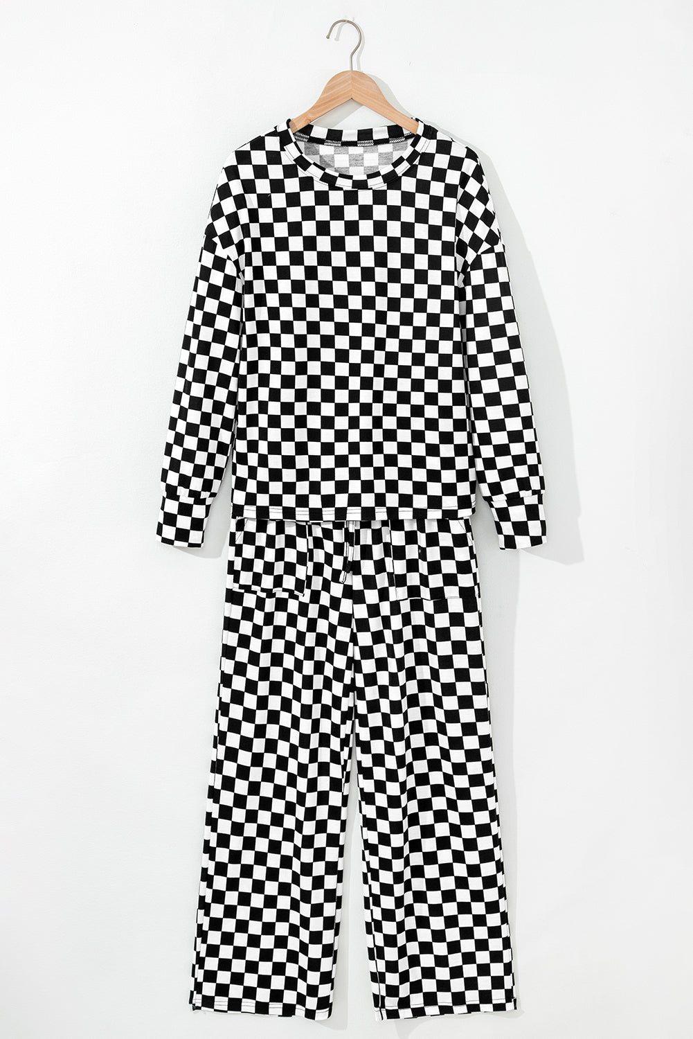 Checkered Print Long Sleeve Loose Fit Pajama Set