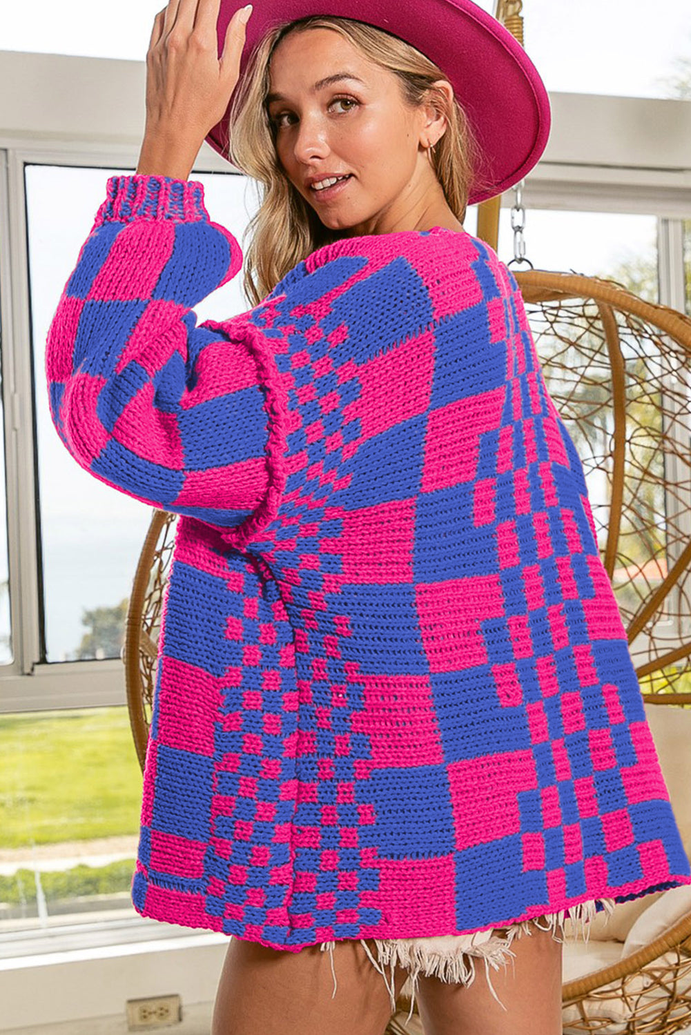 Colorblock Checked Loose Fit Open Front Knitted Cardigan