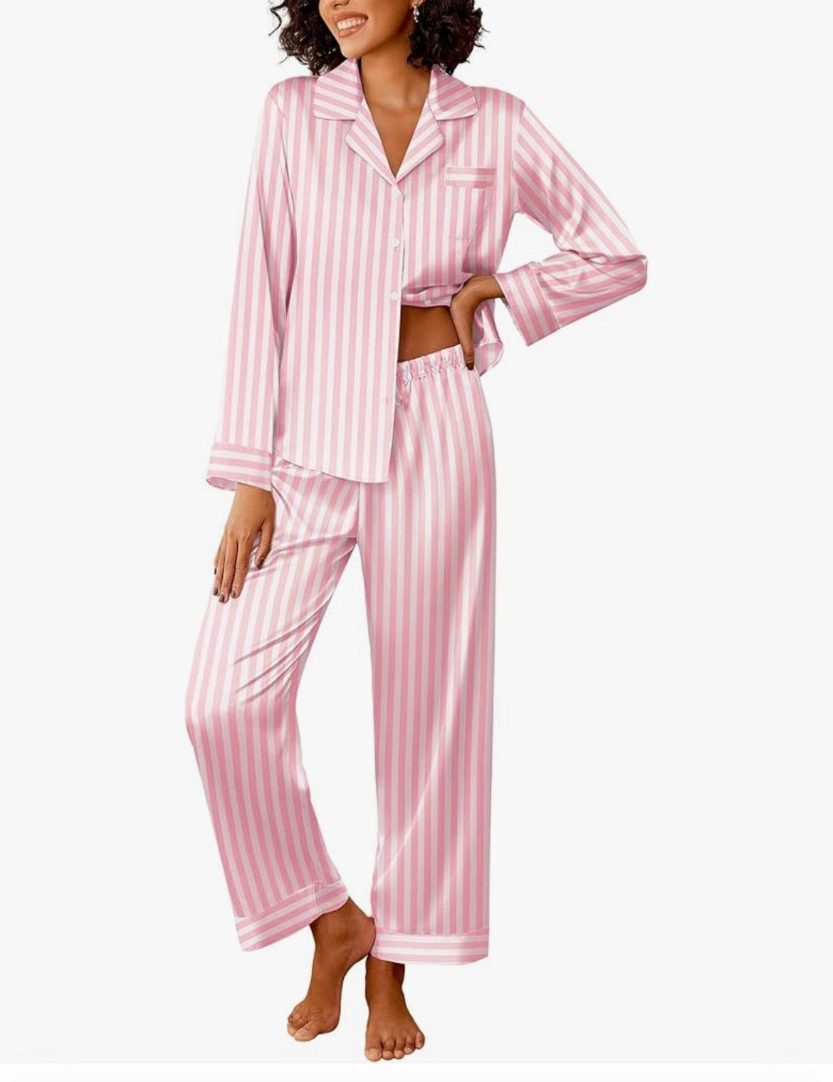 Pale Pink Striped Satin Two Piece Sleep Set