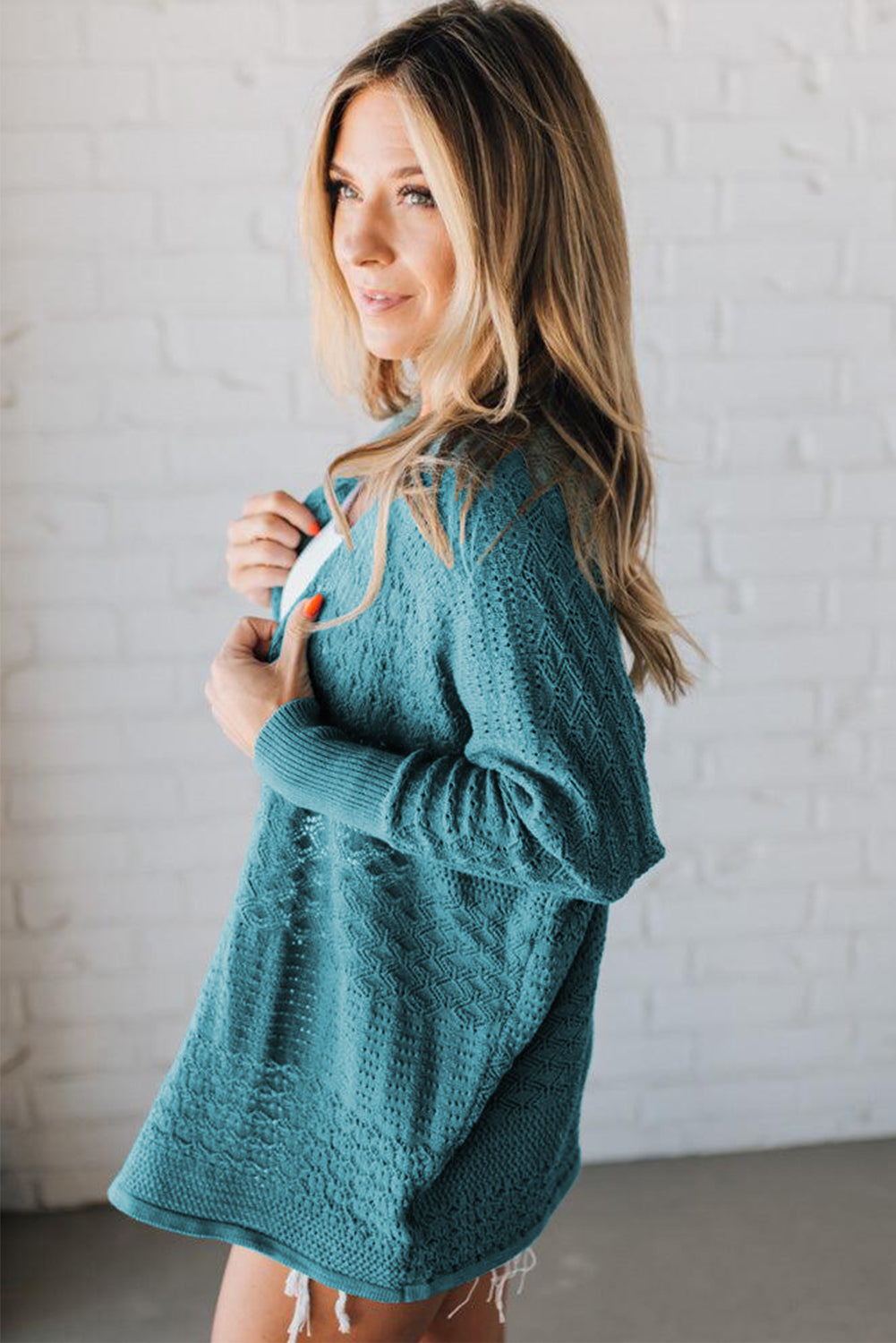 Mix Pattern Hollow Knit Open Front Cardigan