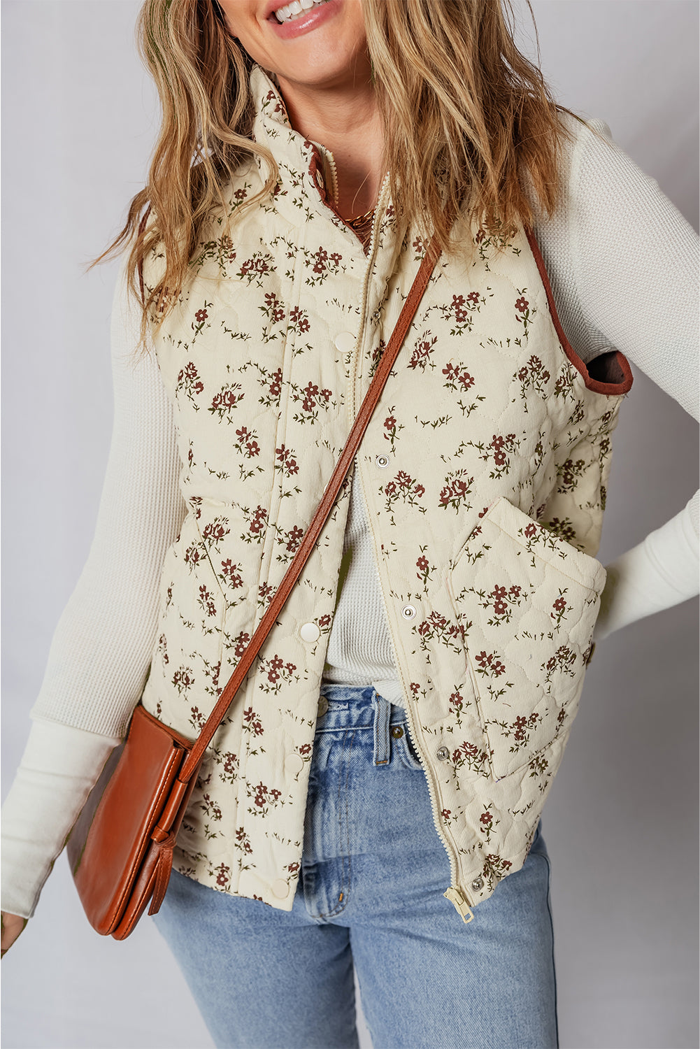 Cream Floral Print Zip Up Quilted Warm Vest