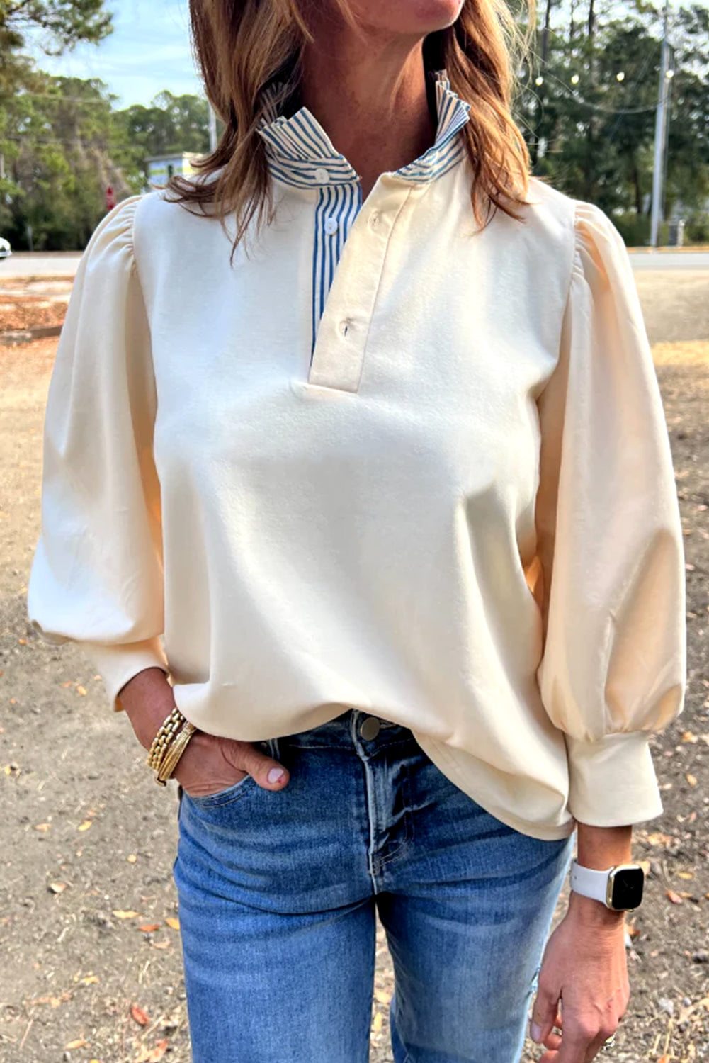 Striped Ruffle Button Neck Pullover Shirt (2 colors)