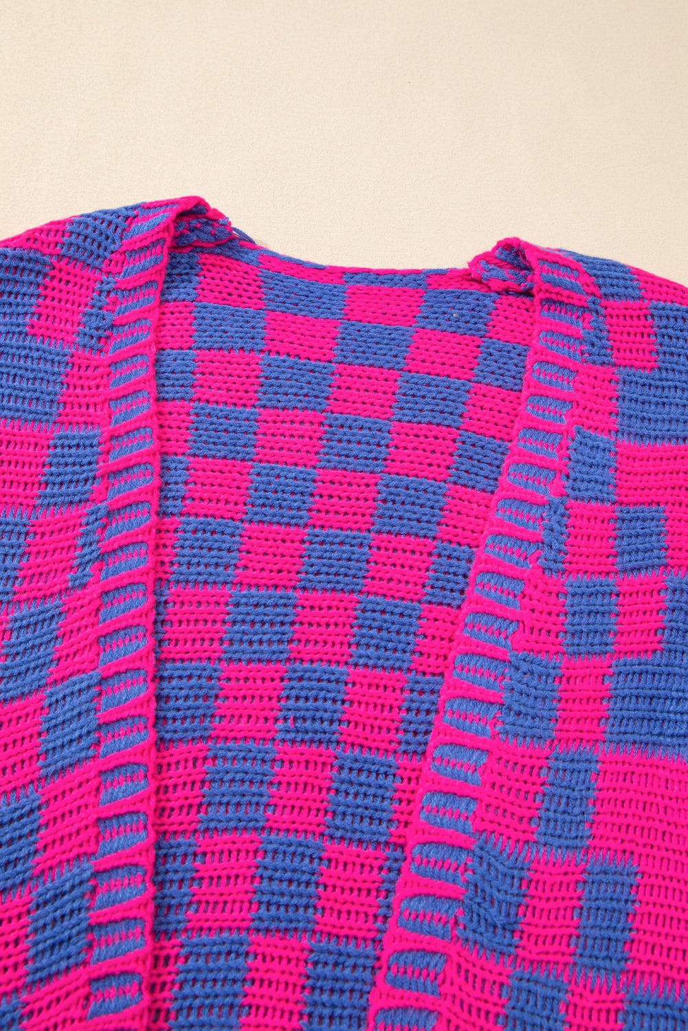 Colorblock Checked Loose Fit Open Front Knitted Cardigan