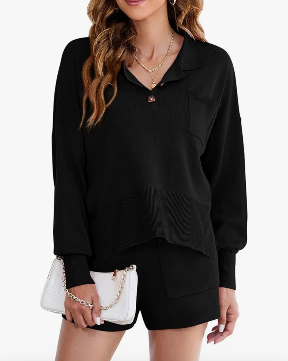 Black Two Piece Long Sleeve & Shorts Set