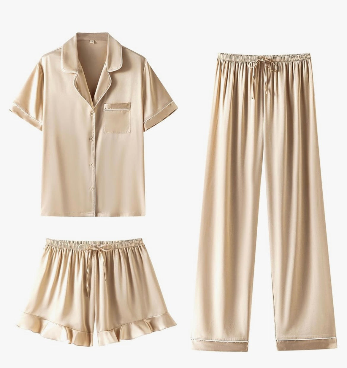 Champagne Neutral Satin Three Piece Pajama & Shorty Set