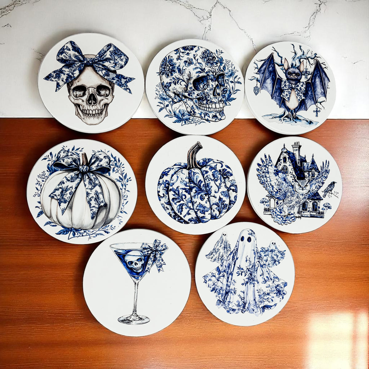 Chinoiserie Blue & White Halloween Coasters Set