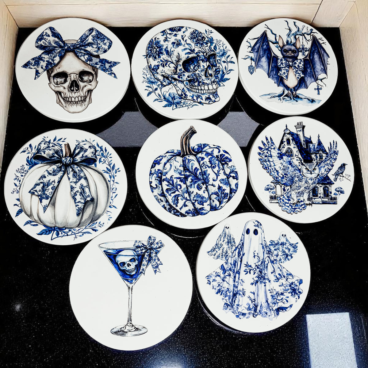 Chinoiserie Blue & White Halloween Coasters Set