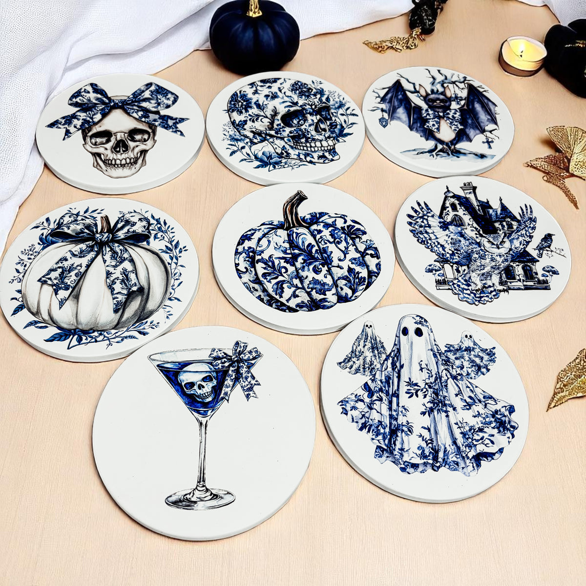 Chinoiserie Blue & White Halloween Coasters Set