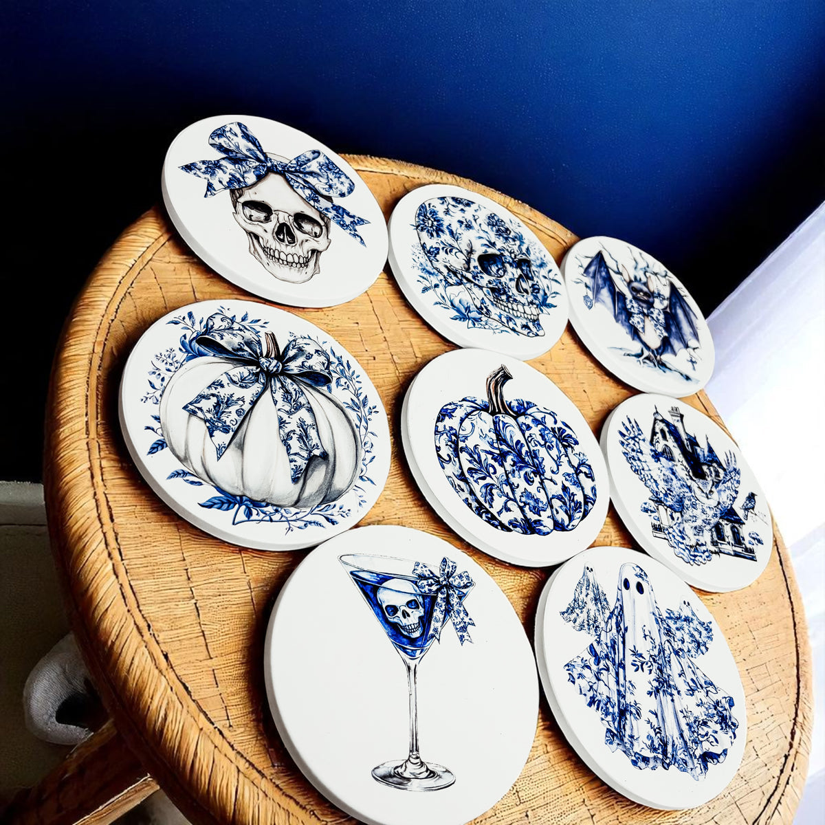 Chinoiserie Blue & White Halloween Coasters Set