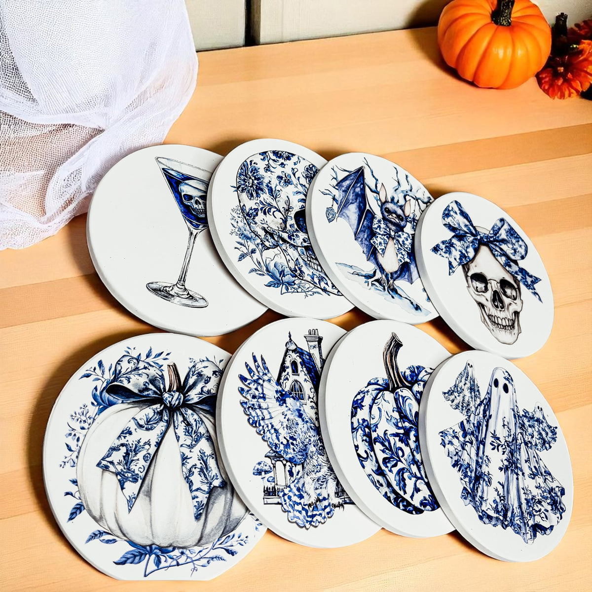 Chinoiserie Blue & White Halloween Coasters Set