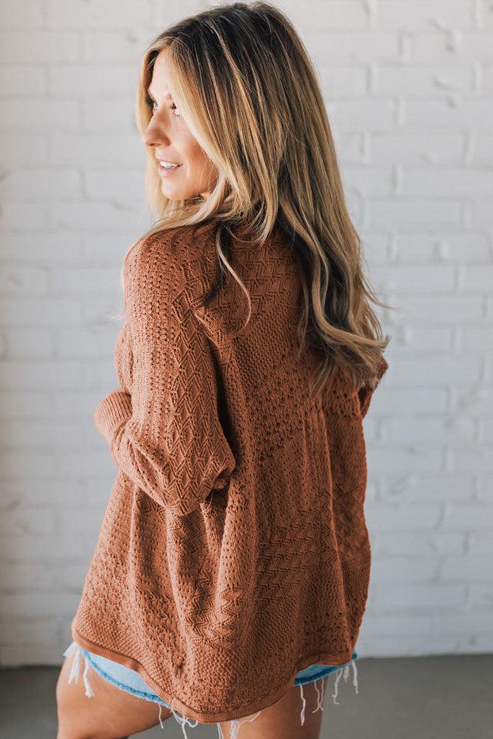 Mix Pattern Hollow Knit Open Front Cardigan