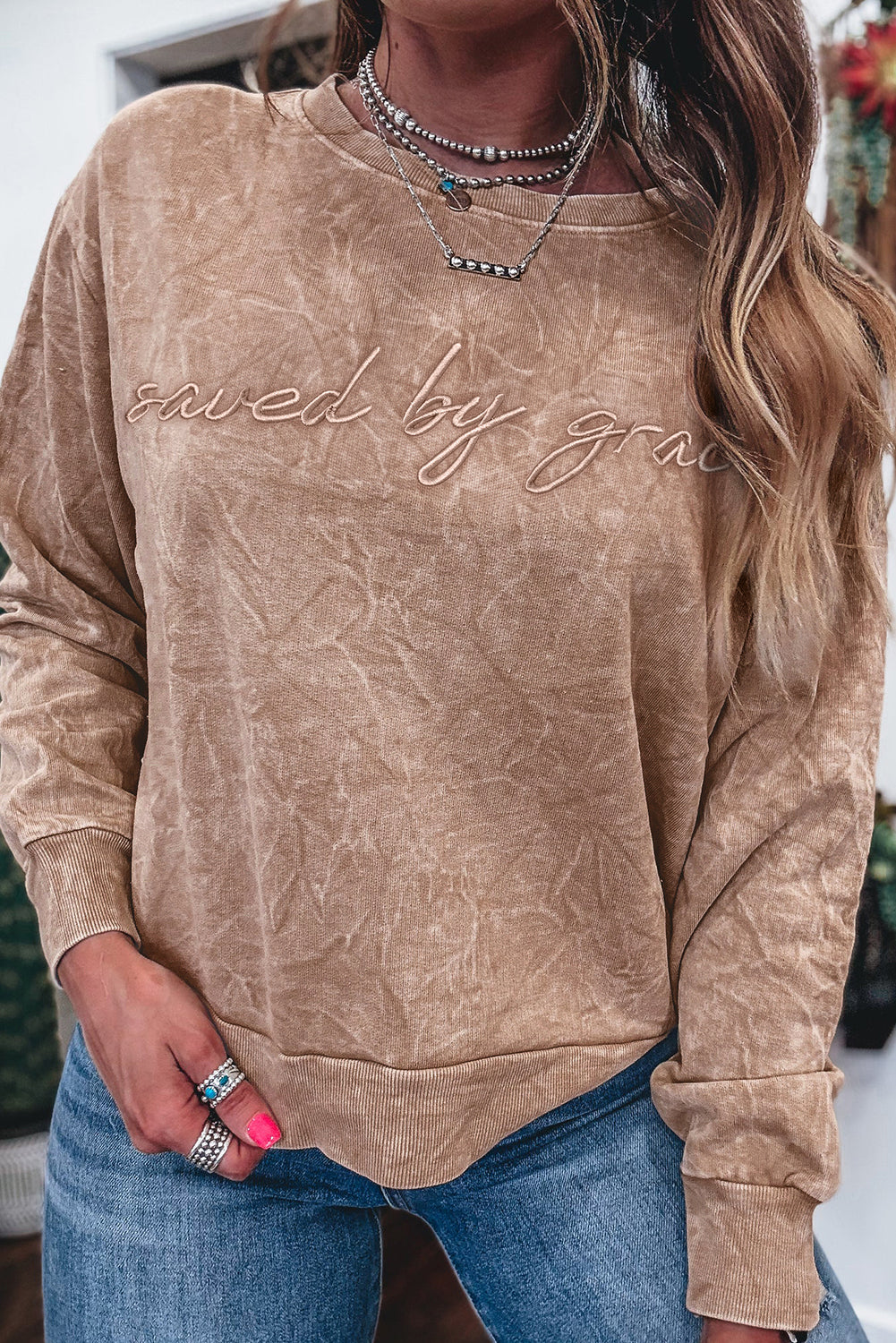 Saved By Grace Letter Embroidery Mineral Wash Loose Sweatshirt