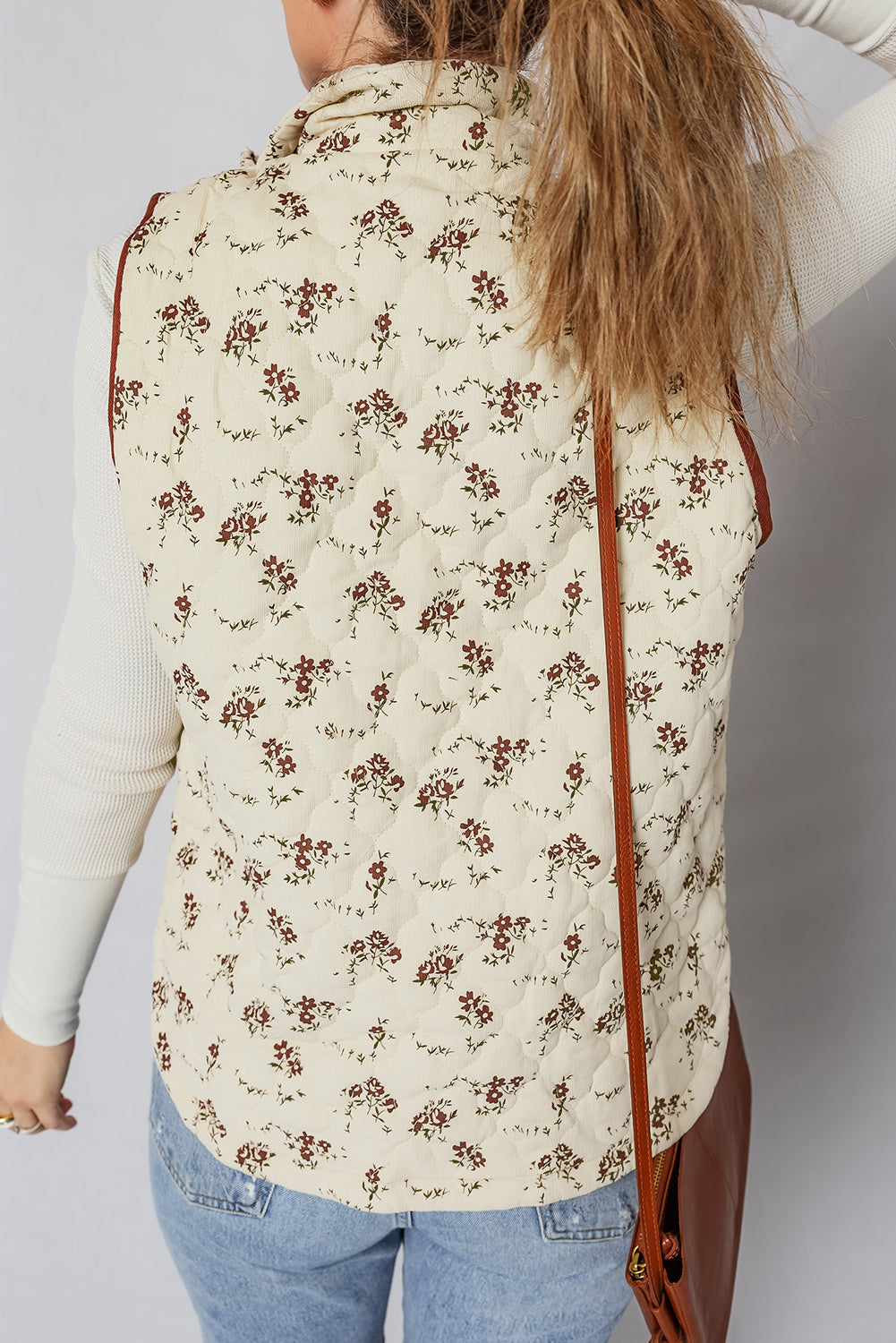 Cream Floral Print Zip Up Quilted Warm Vest