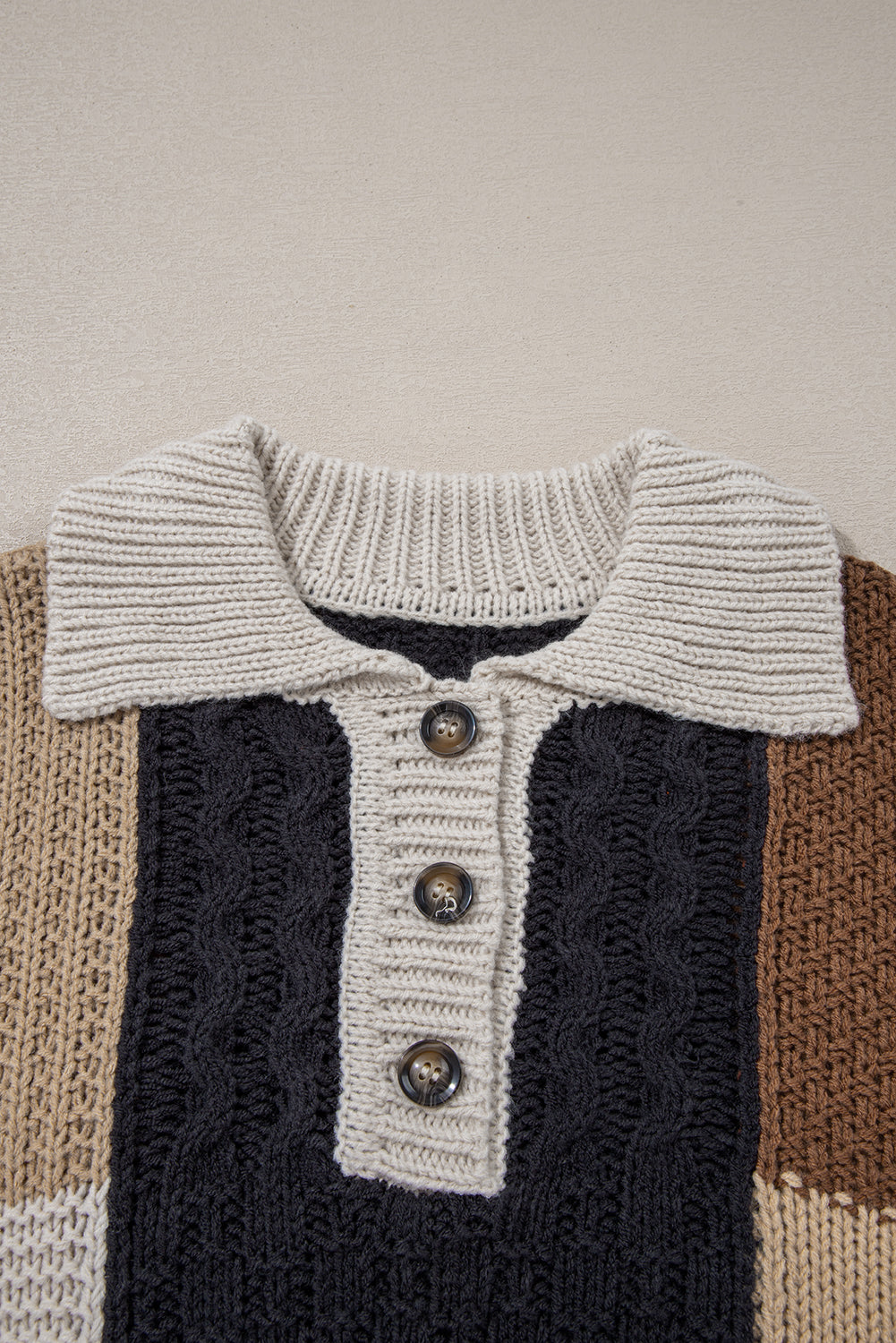 Colorblock Cable Knit Collared Sweater