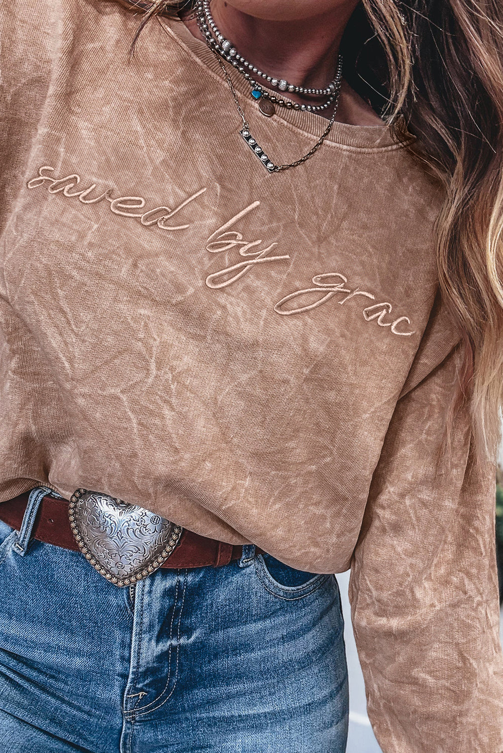 Saved By Grace Letter Embroidery Mineral Wash Loose Sweatshirt