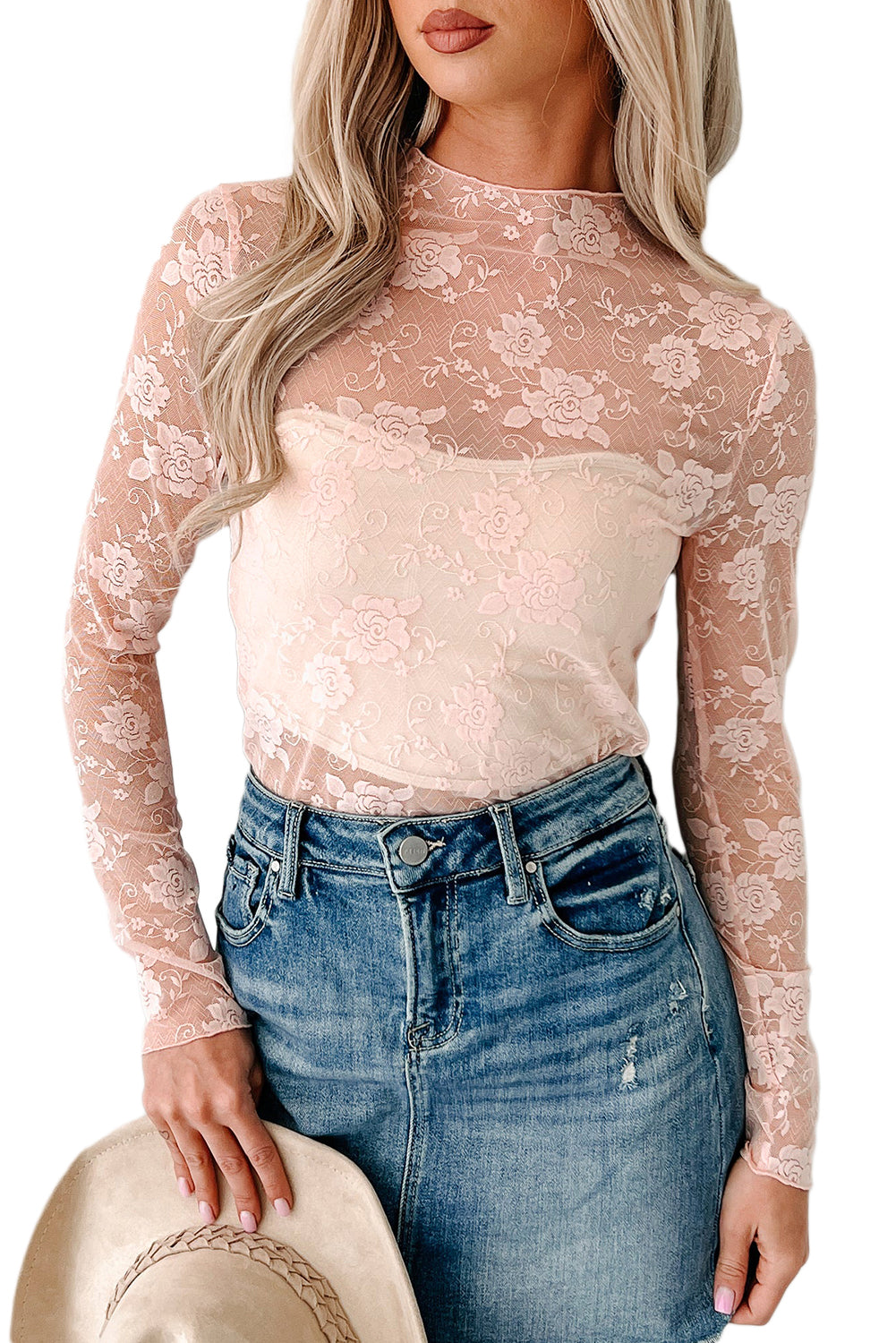 Mock Neck Floral Lace Mesh Long Sleeve Top