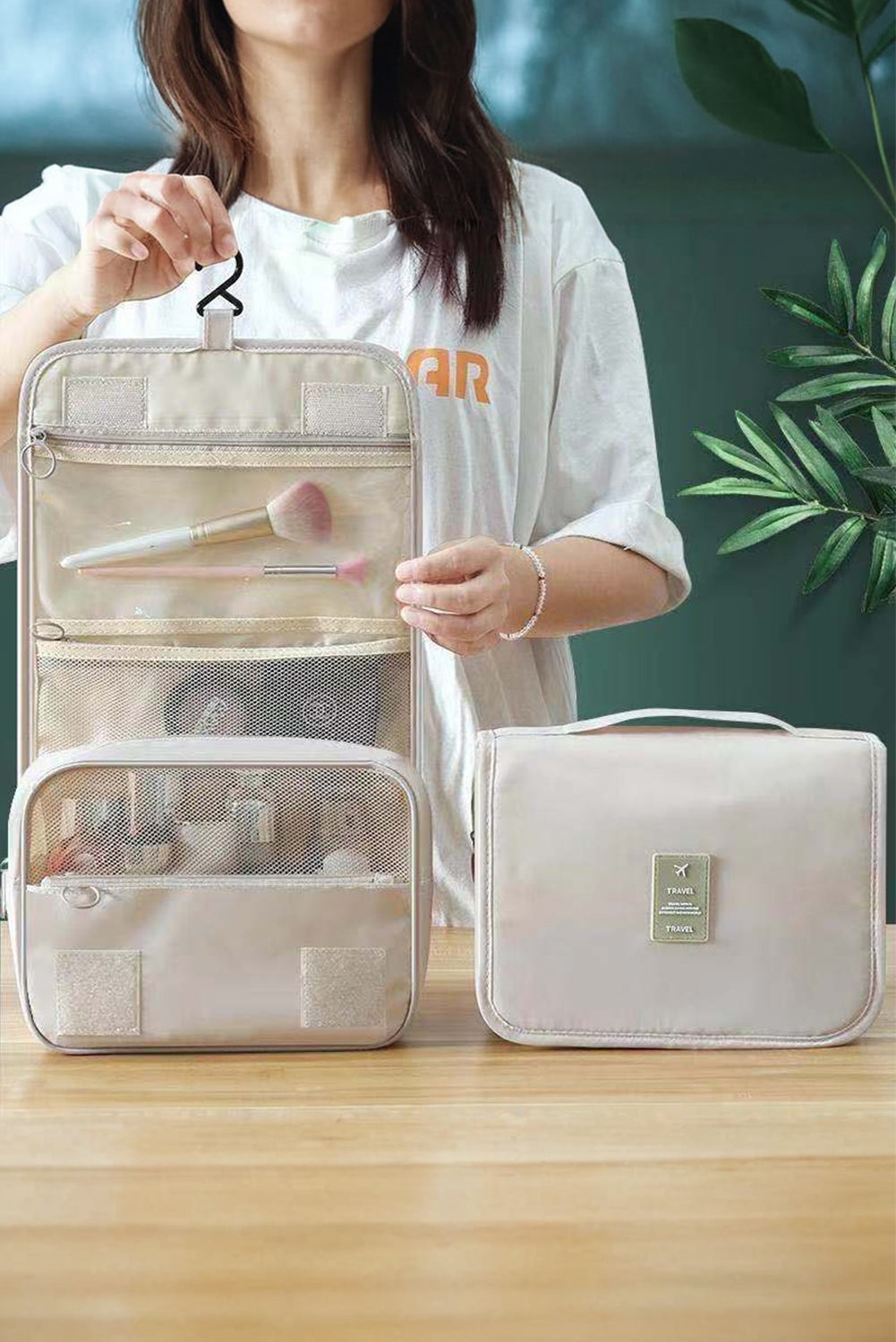 Beige Make Up Organizer Travel Toiletry Bag