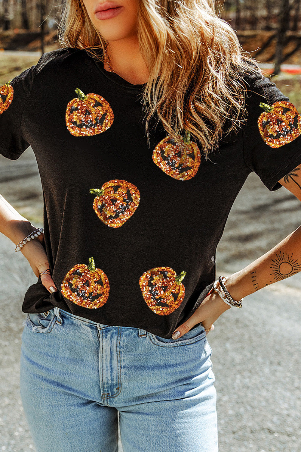 Black Halloween Sequin Pumpkin Face Graphic Tee
