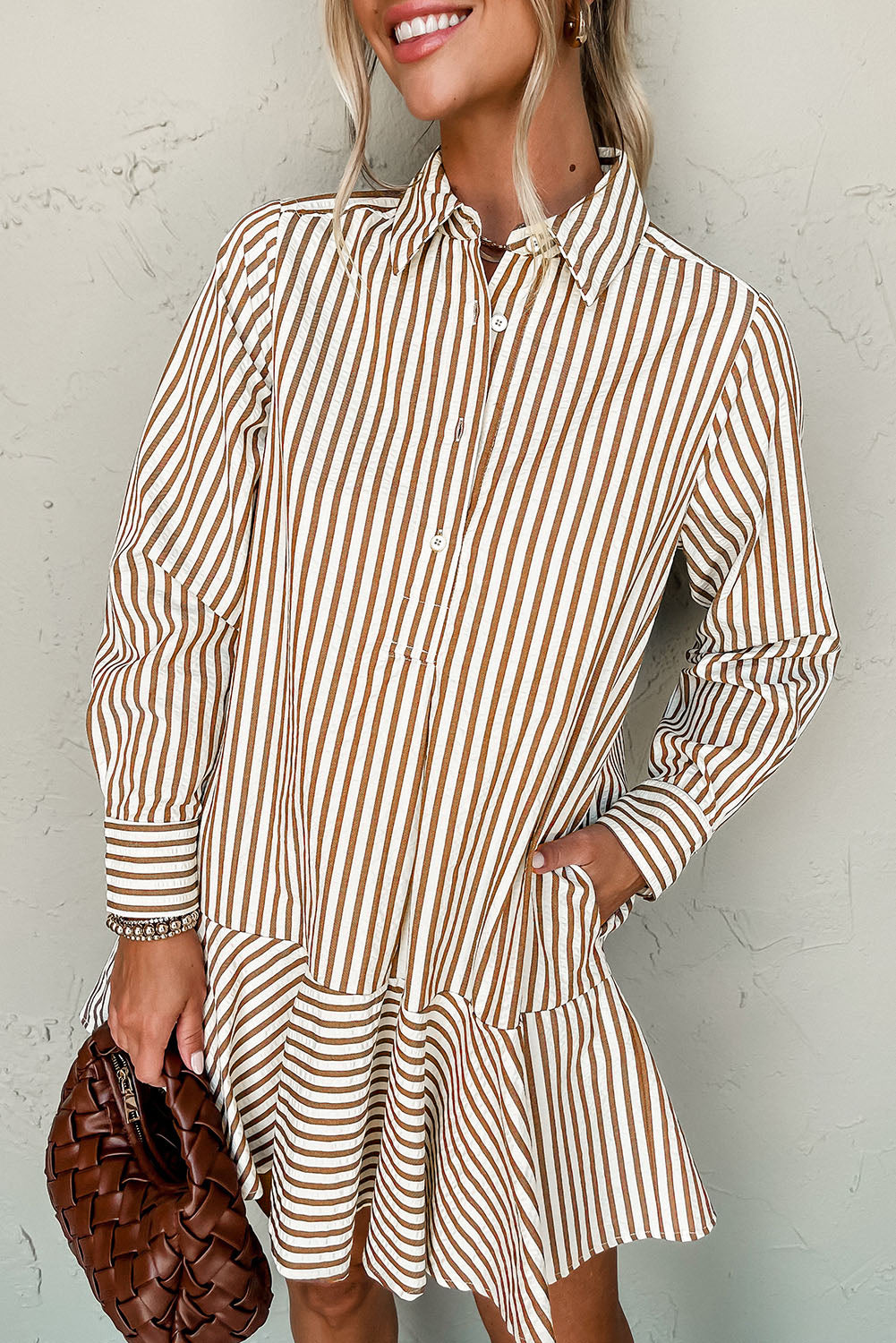 Brown Stripe Ruffle Hem Shirt Mini Dress