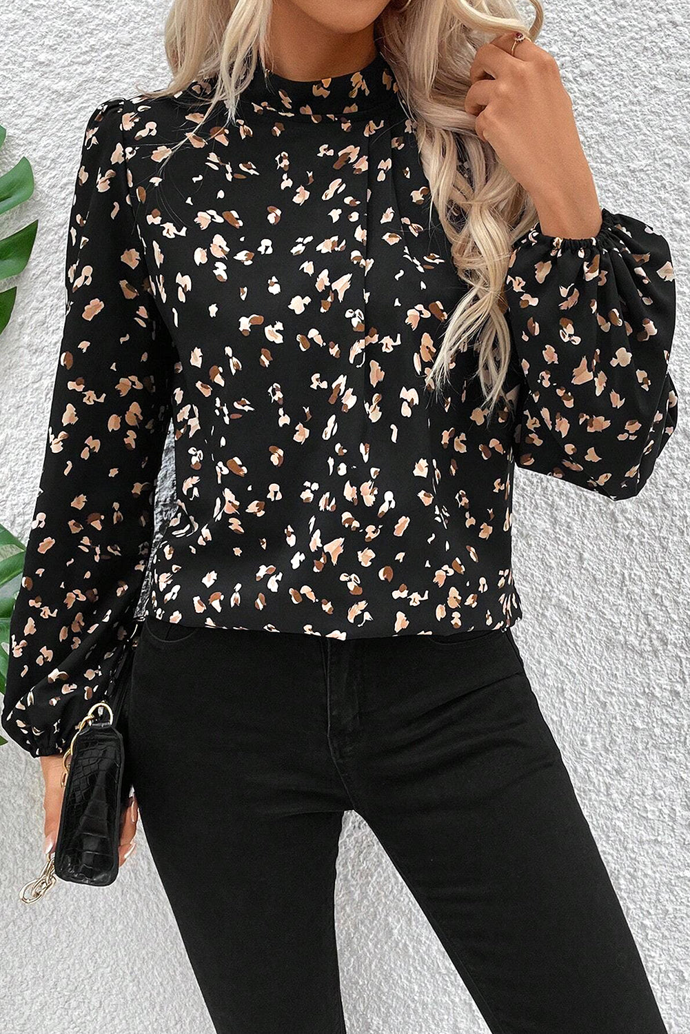 Leopard Print Puff Sleeve Pleated Blouse