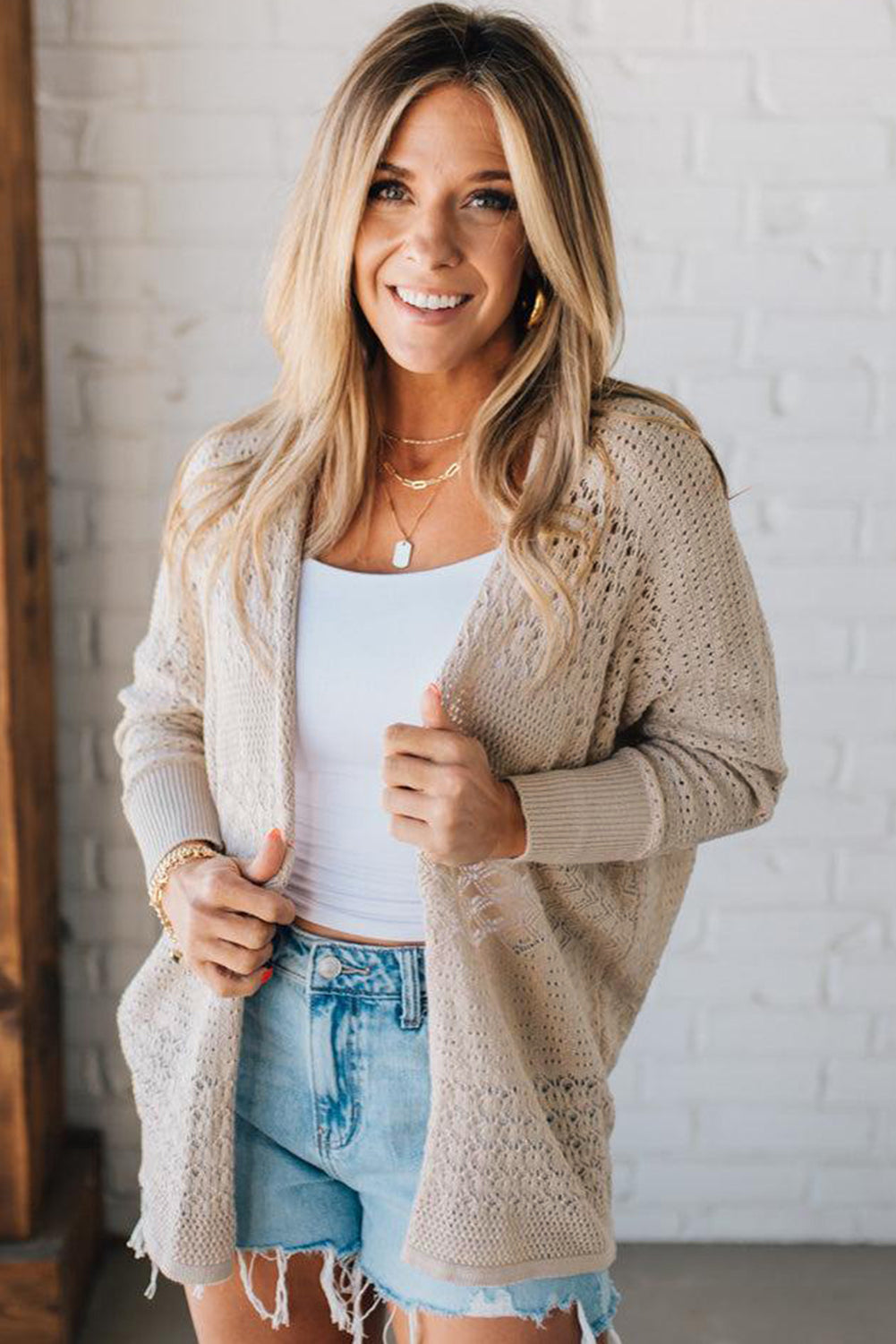 Mix Pattern Hollow Knit Open Front Cardigan