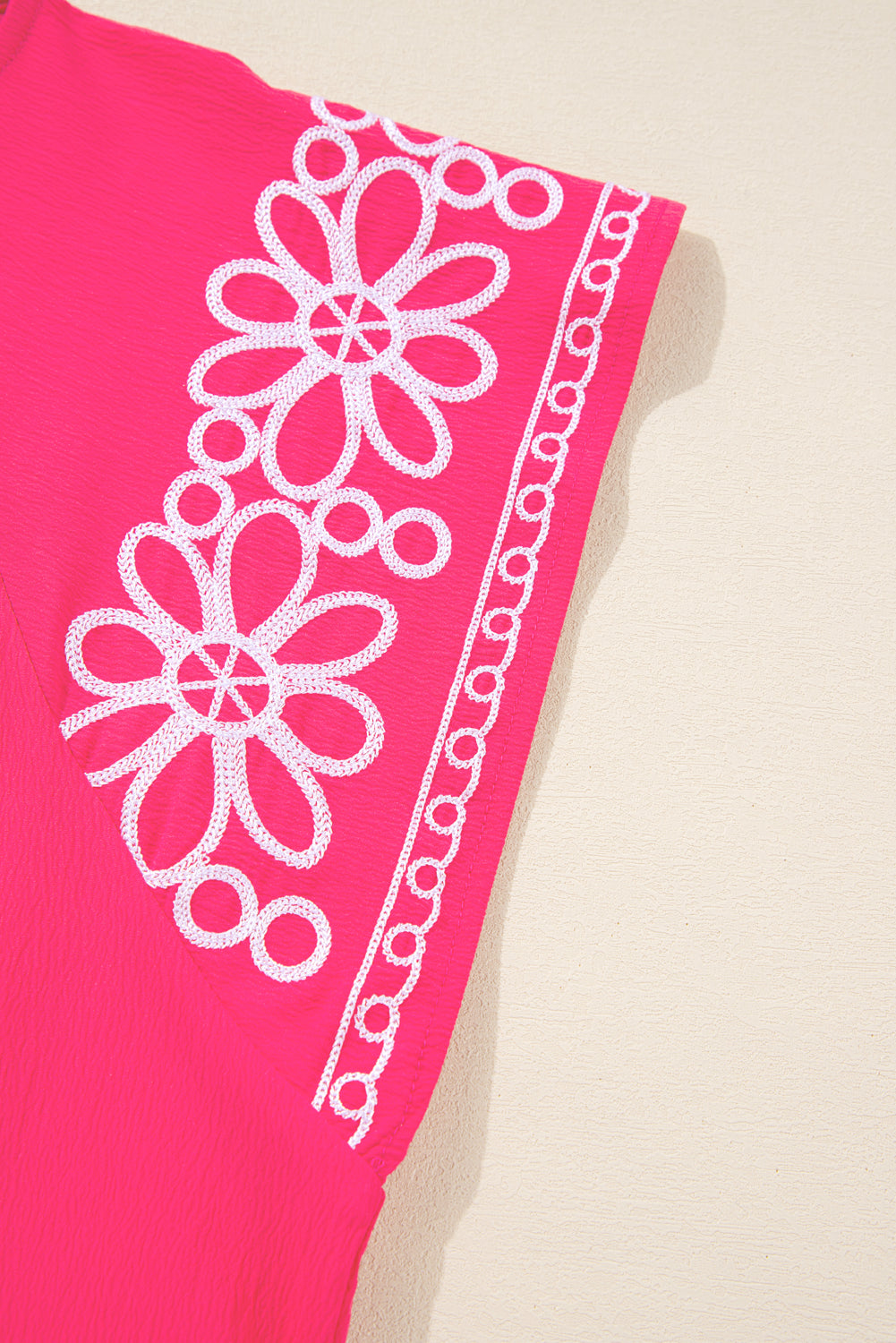 Strawberry Pink Floral Embroidered Flutter Sleeve Blouse