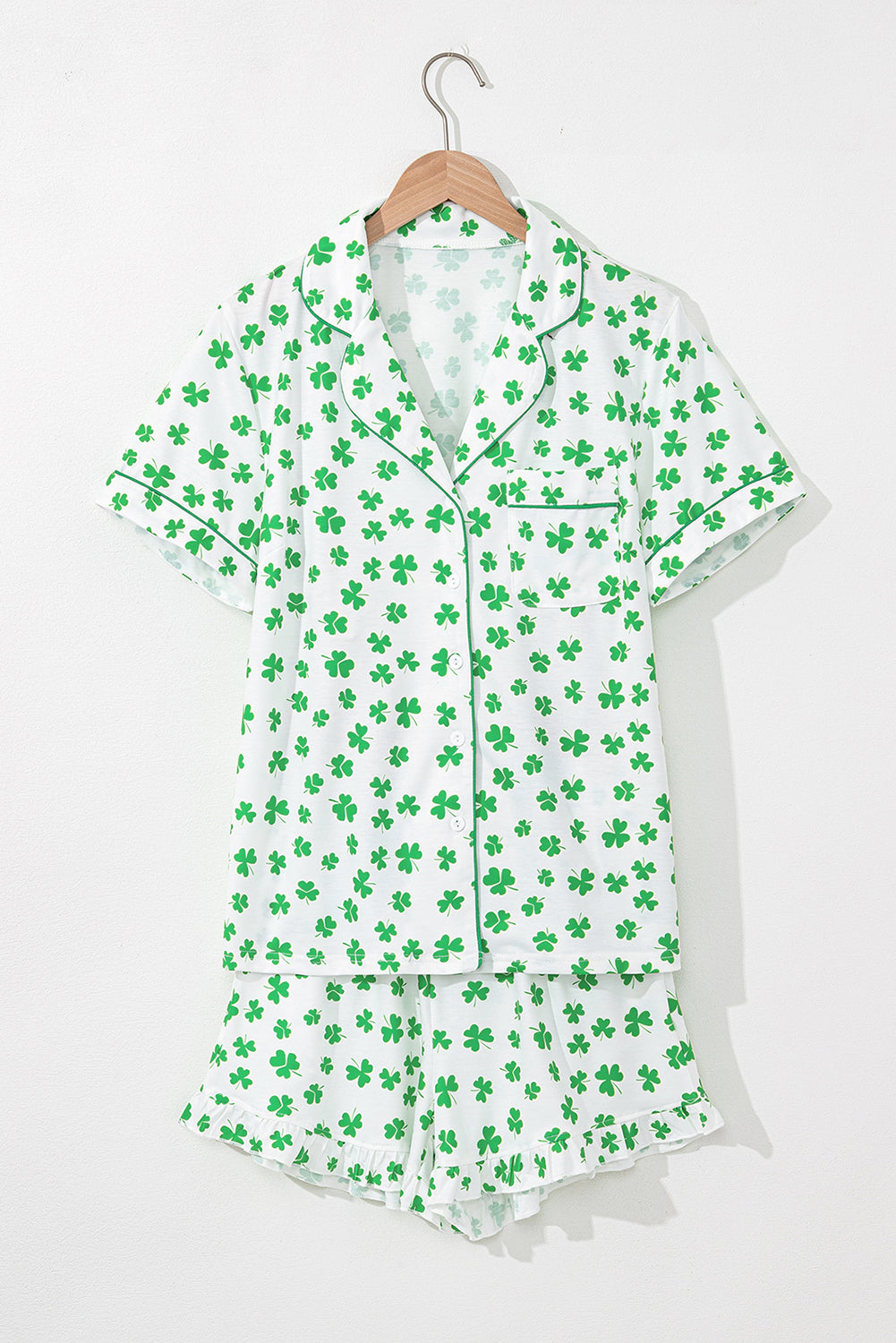 Bow Print Shirt and Ruffle Hem Shorts Pajama Set