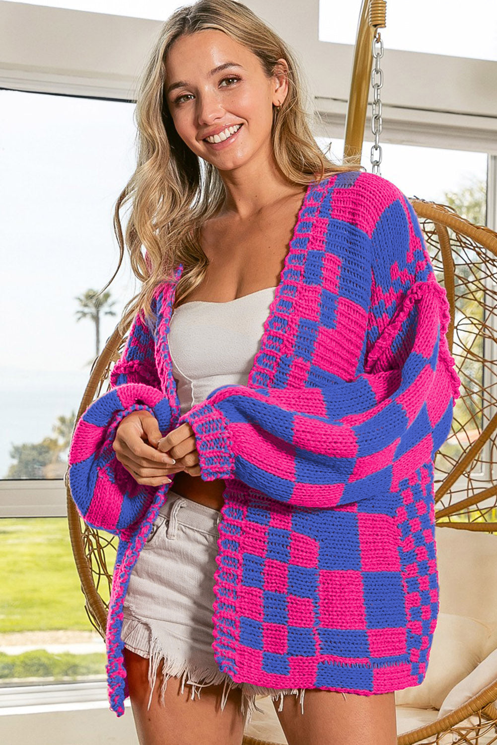 Colorblock Checked Loose Fit Open Front Knitted Cardigan