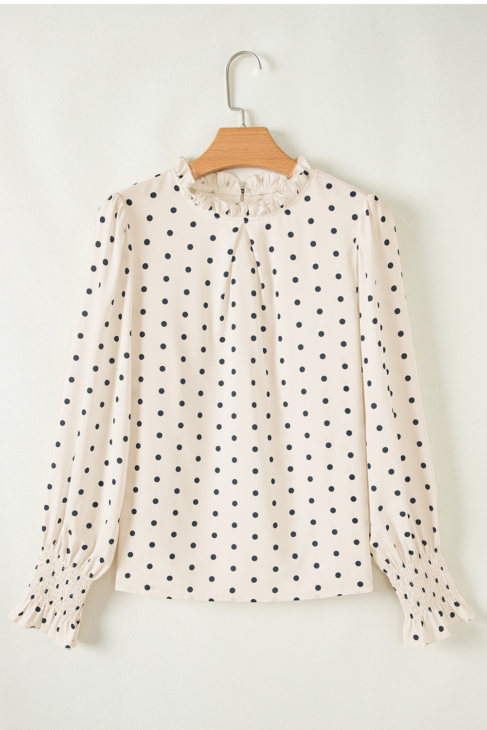 Polka Dot Print Frill Neck Smocked Sleeve Blouse
