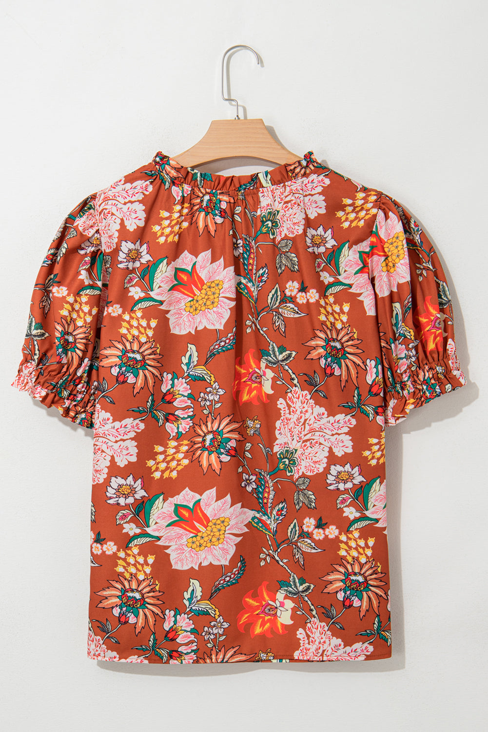 Brown Floral Stitched V Neck Puff Short Sleeve Blouse